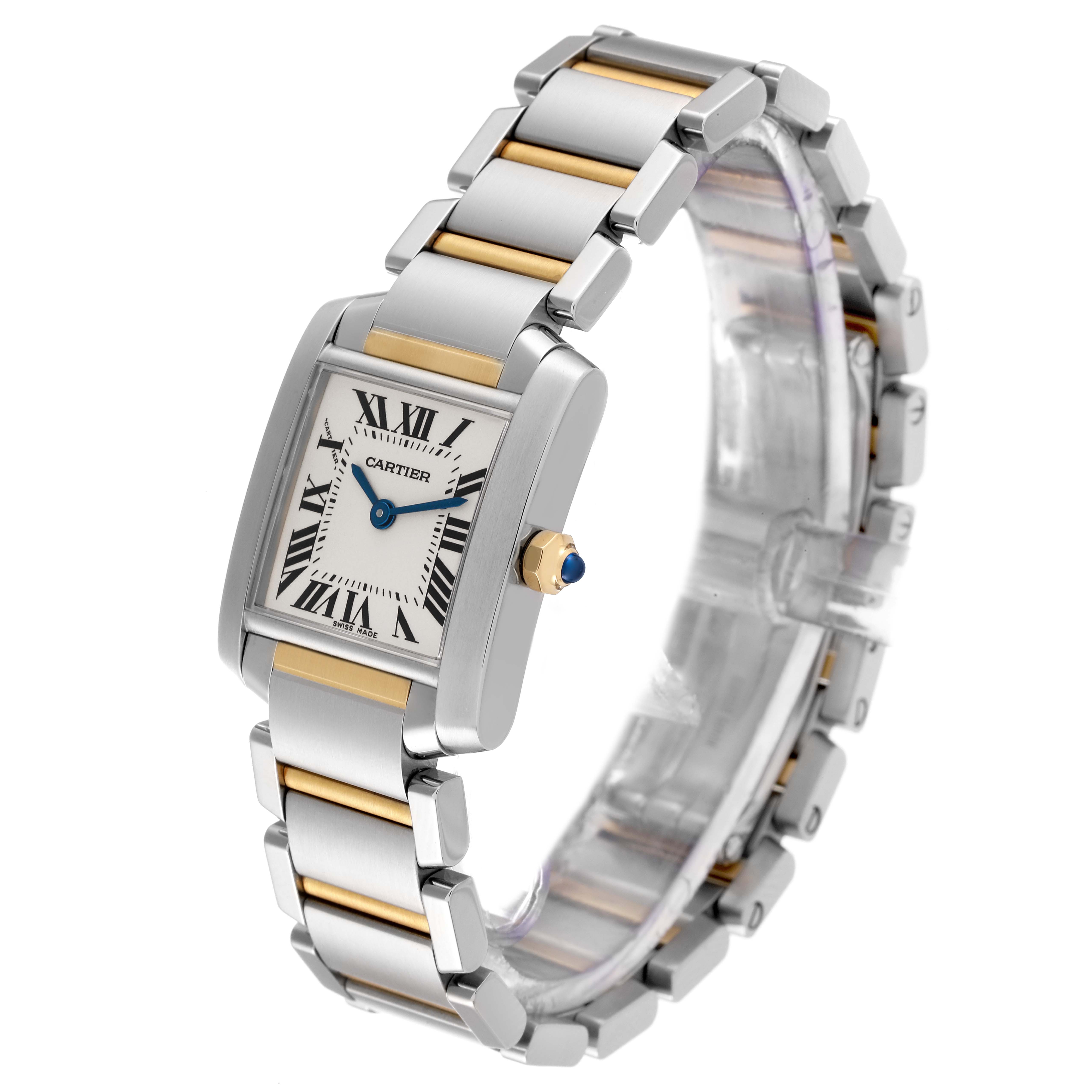 This image shows a Cartier Tank Francaise W51007Q4 Women's Steel and Gold (two tone) Silver Dial W51007Q4 Women's Steel and Gold (two tone) Silver Dial watch at a three-quarter angle, highlighting its face, strap, and crown.