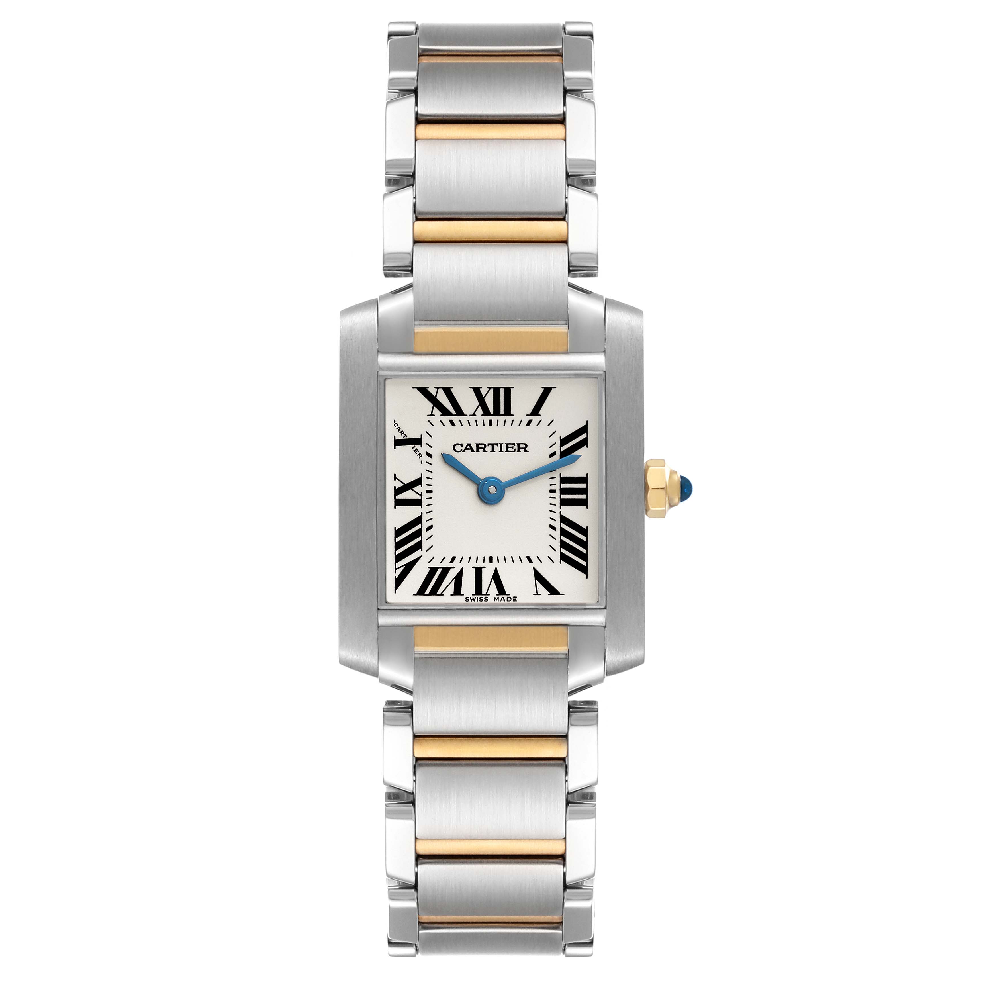 The image shows a frontal view of the Cartier Tank Française watch, featuring its silver and gold bracelet and rectangular dial with Roman numerals.