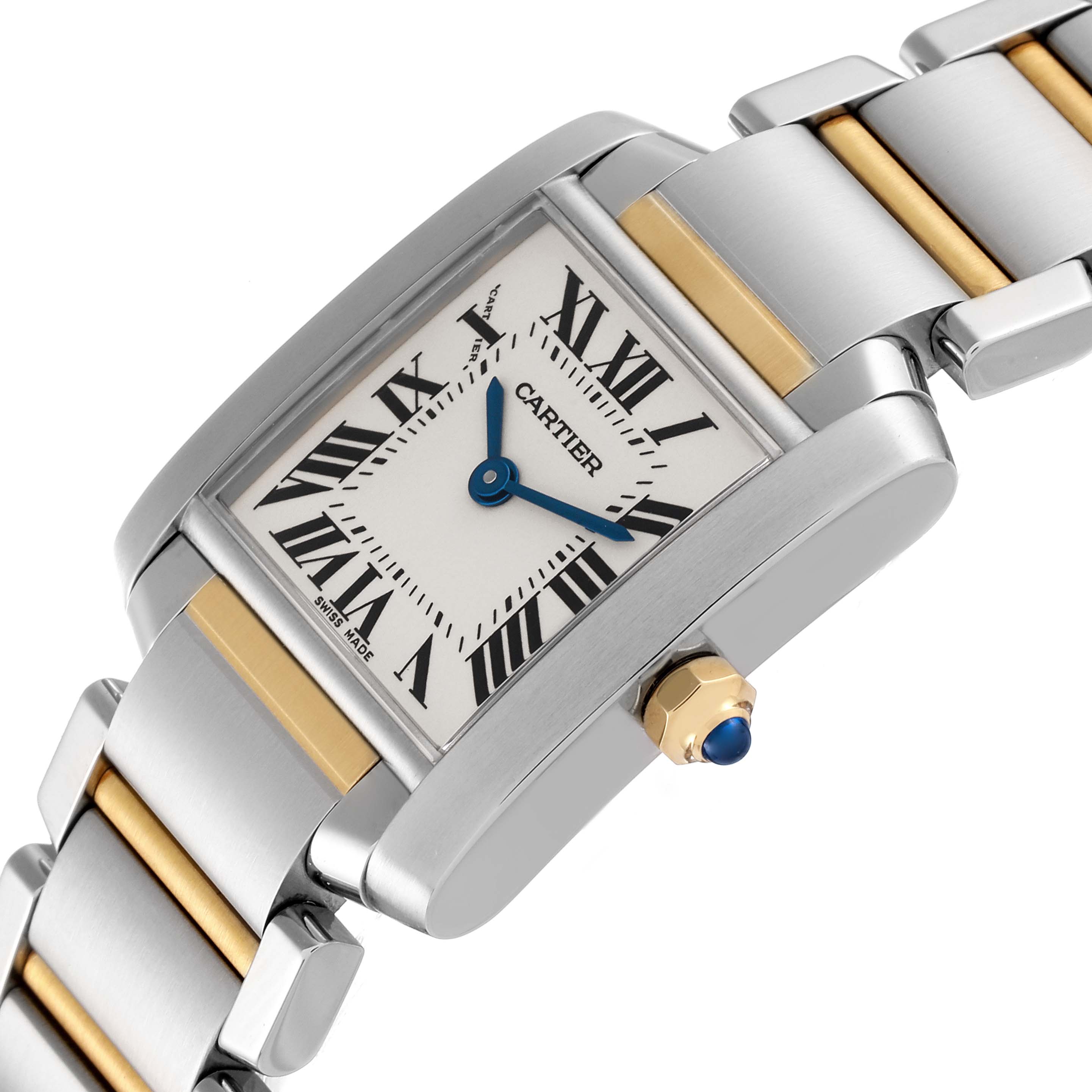The image shows a close-up side angle of a Cartier Tank Française watch, highlighting its face, crown, and bracelet.