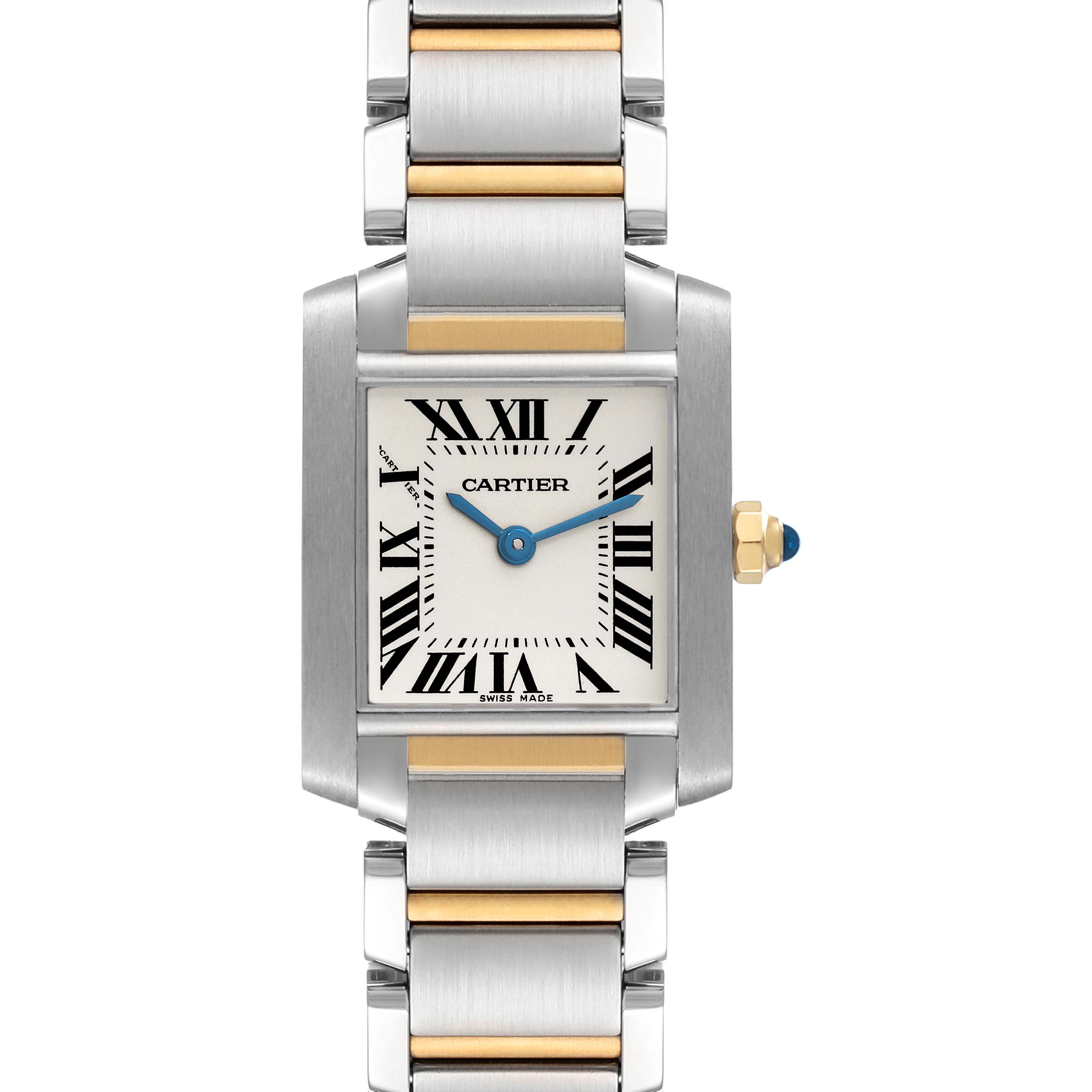 The image shows a frontal view of the Cartier Tank Francaise W51007Q4 Women's Steel and Gold (two tone) Silver Dial W51007Q4 Women's Steel and Gold (two tone) Silver Dial watch, highlighting its face and part of the bracelet.