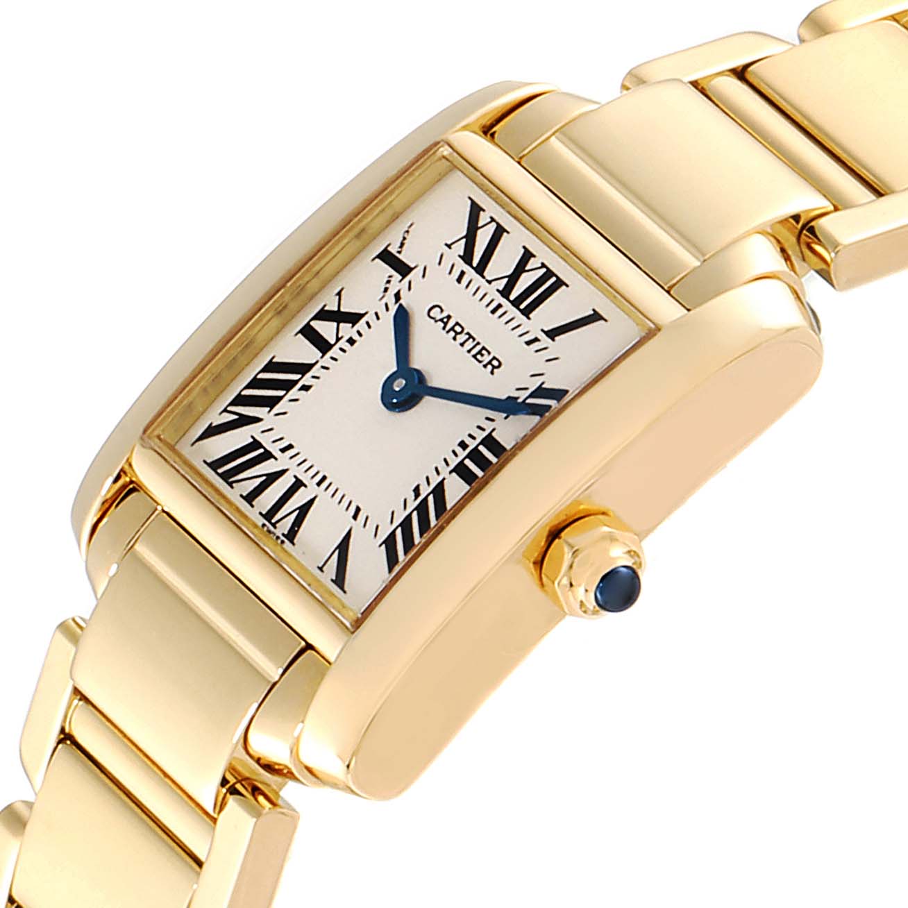 The image shows a Cartier Tank Francaise W50002N2 Women's Yellow Gold Silver Dial W50002N2 Women's Yellow Gold Silver Dial watch at an angled close-up, highlighting the dial, hands, crown, and part of the bracelet.