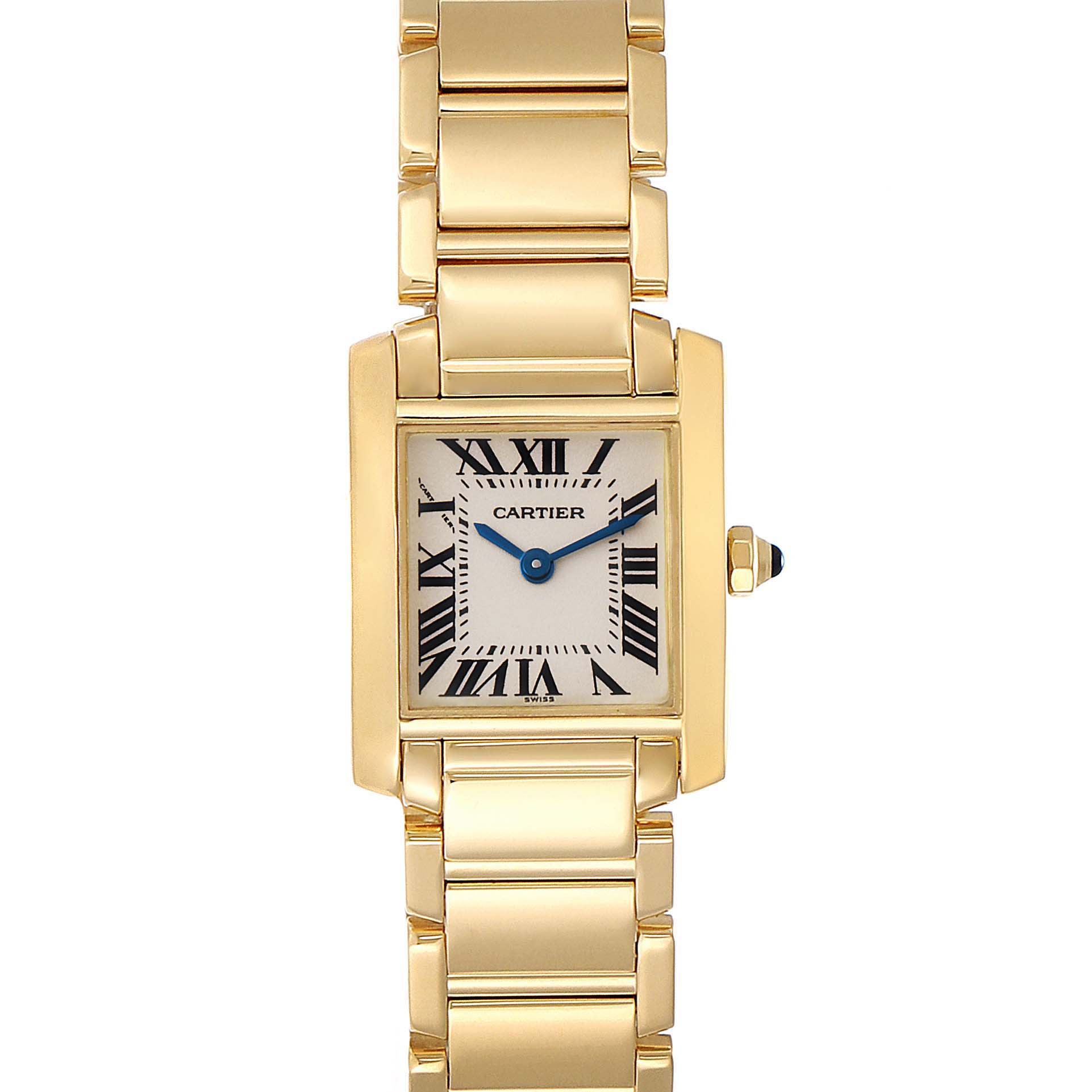 The image shows a straight-on view of a Cartier Tank Francaise W50002N2 Women's Yellow Gold Silver Dial W50002N2 Women's Yellow Gold Silver Dial watch, displaying its rectangular face and linked gold bracelet.