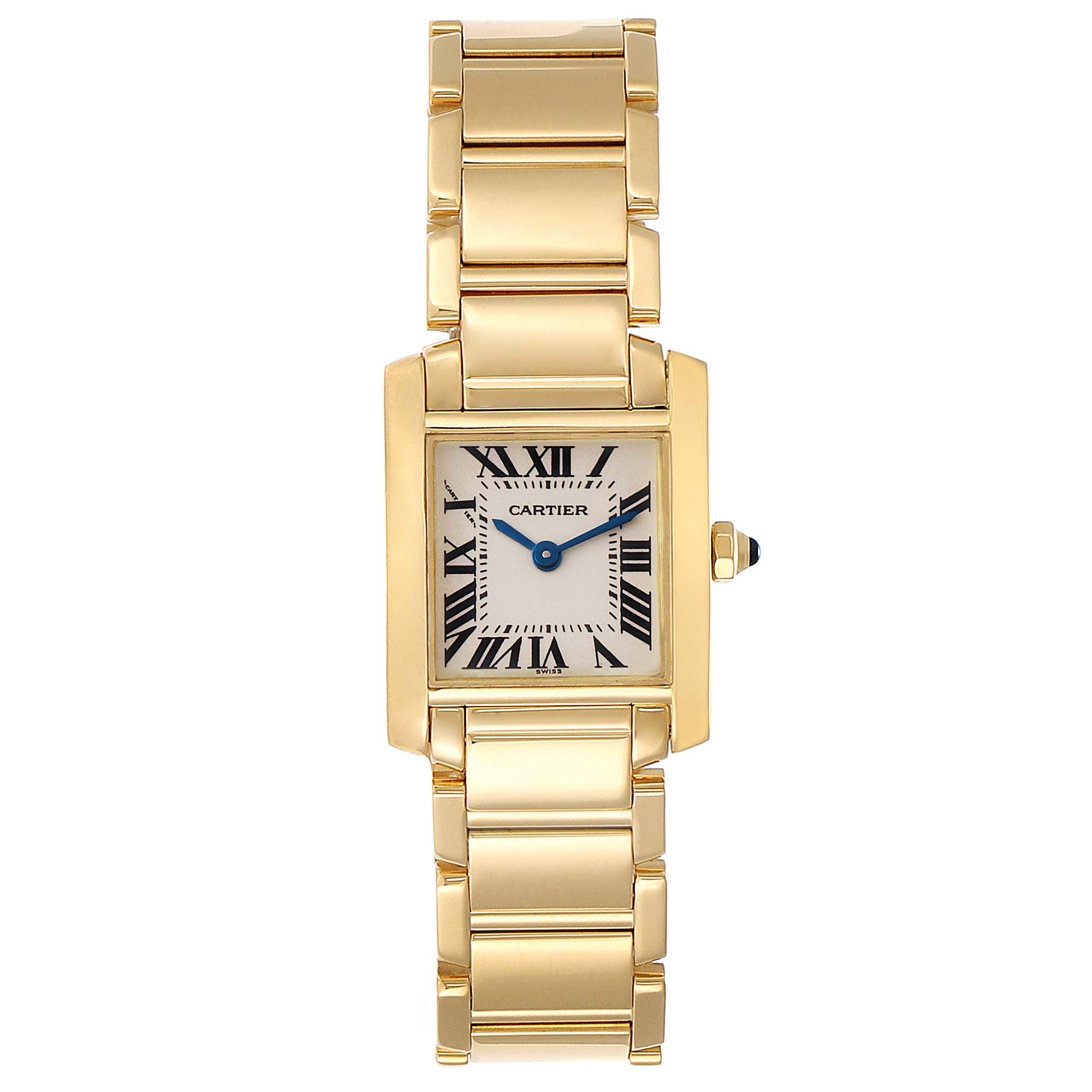 The Cartier Tank Française watch is shown in a frontal view, highlighting its rectangular face, gold bracelet, and Roman numeral details.