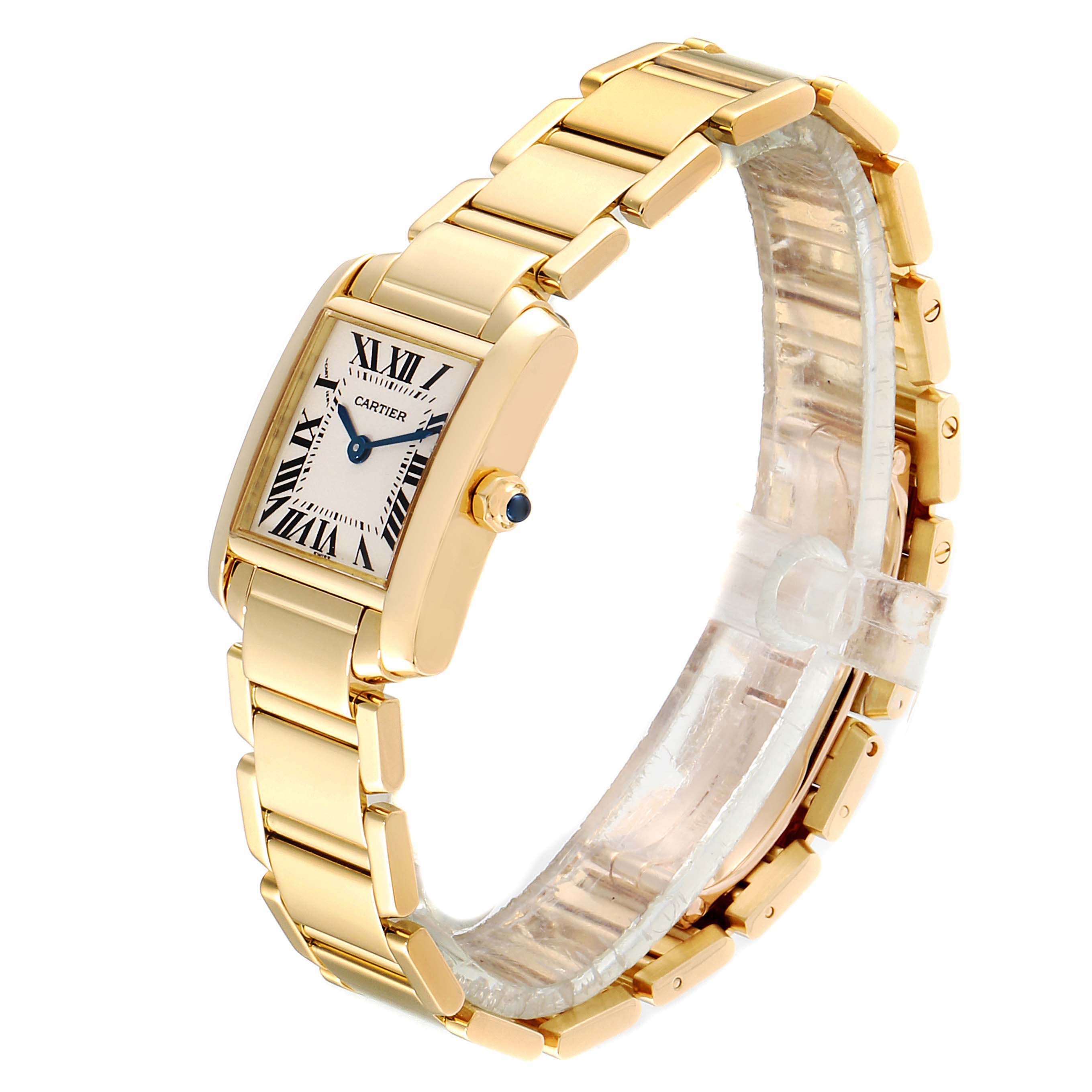 The image shows a side and front view of a gold Cartier Tank Française watch, highlighting its rectangular dial and bracelet.