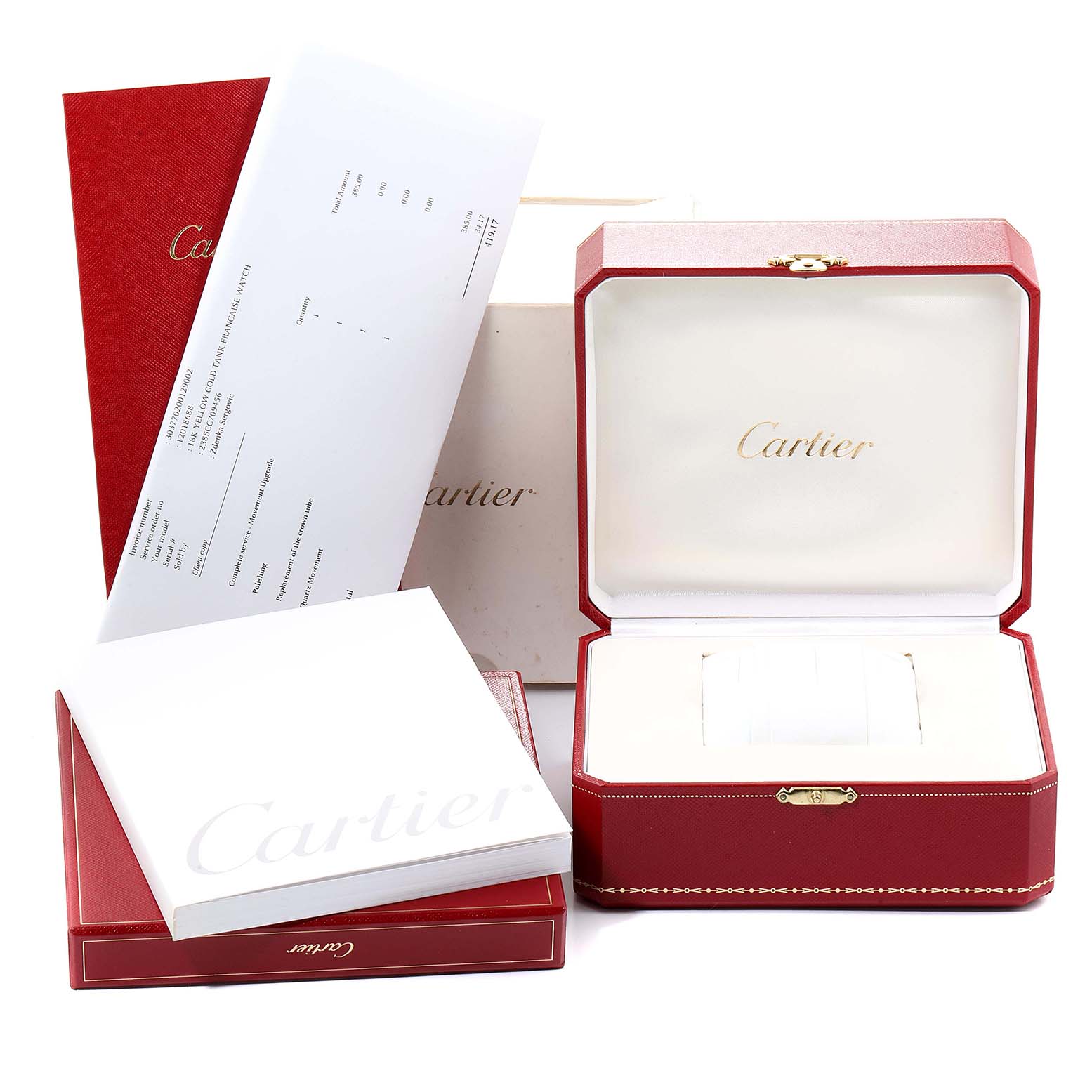 The image shows the packaging and documentation for the Cartier Tank Française model, including the red box, manual, and guarantee papers.