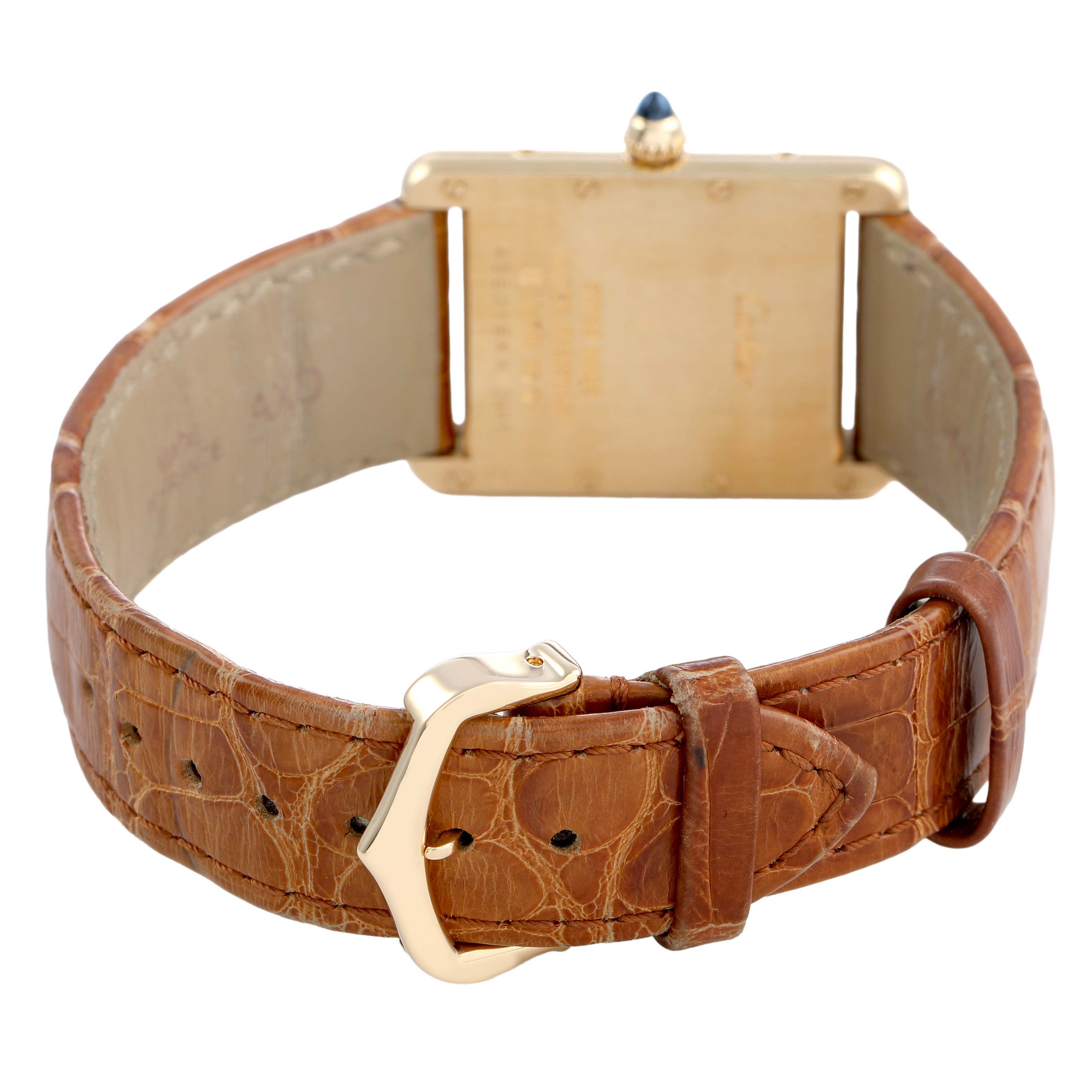The image shows the back view of a Cartier Tank Louis W1529756 Men's Yellow Gold Silver Dial watch, highlighting the leather strap and buckle.