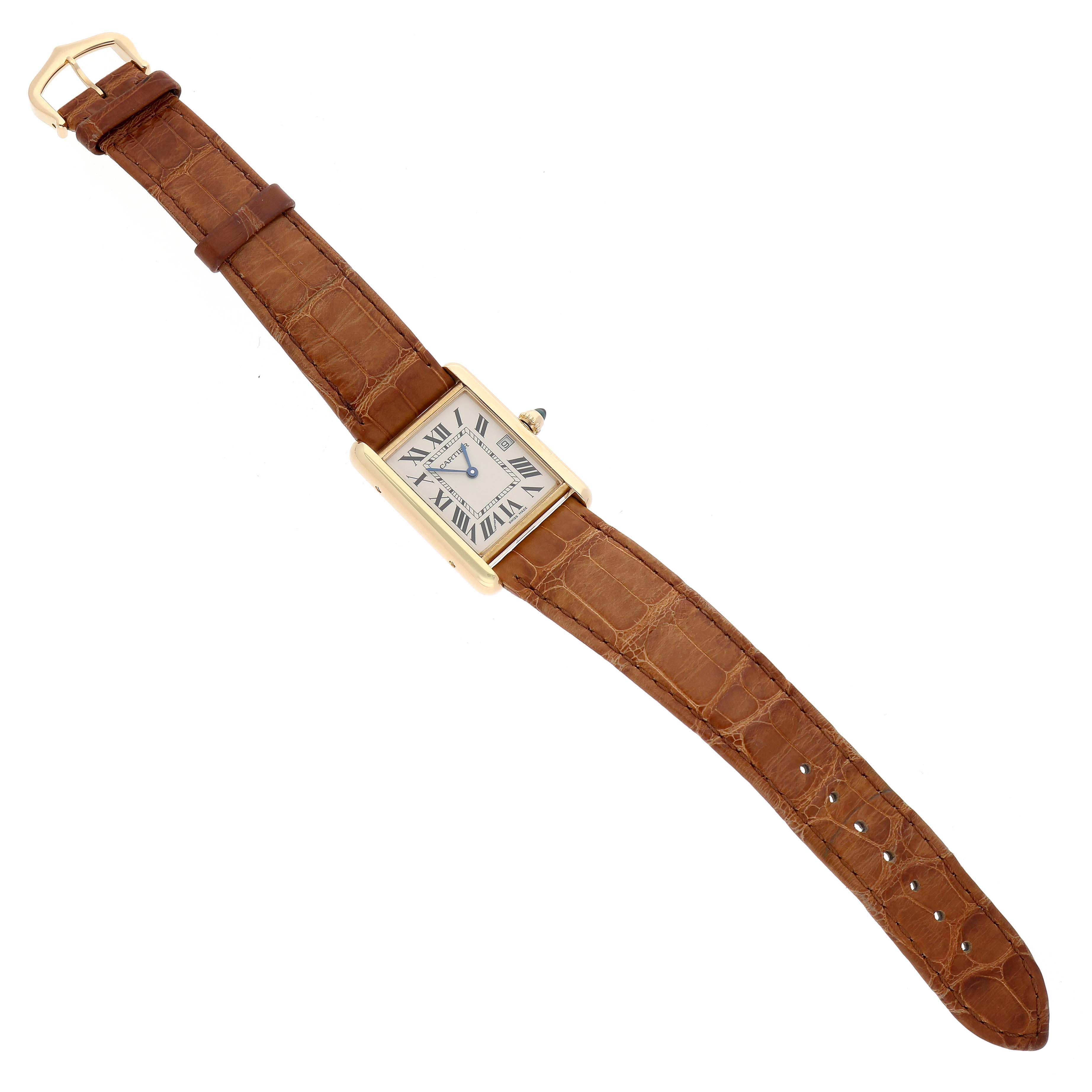 The Cartier Tank Louis W1529756 Men's Yellow Gold Silver Dial watch is shown from a top-down angle, displaying the face, case, lugs, and full leather strap.