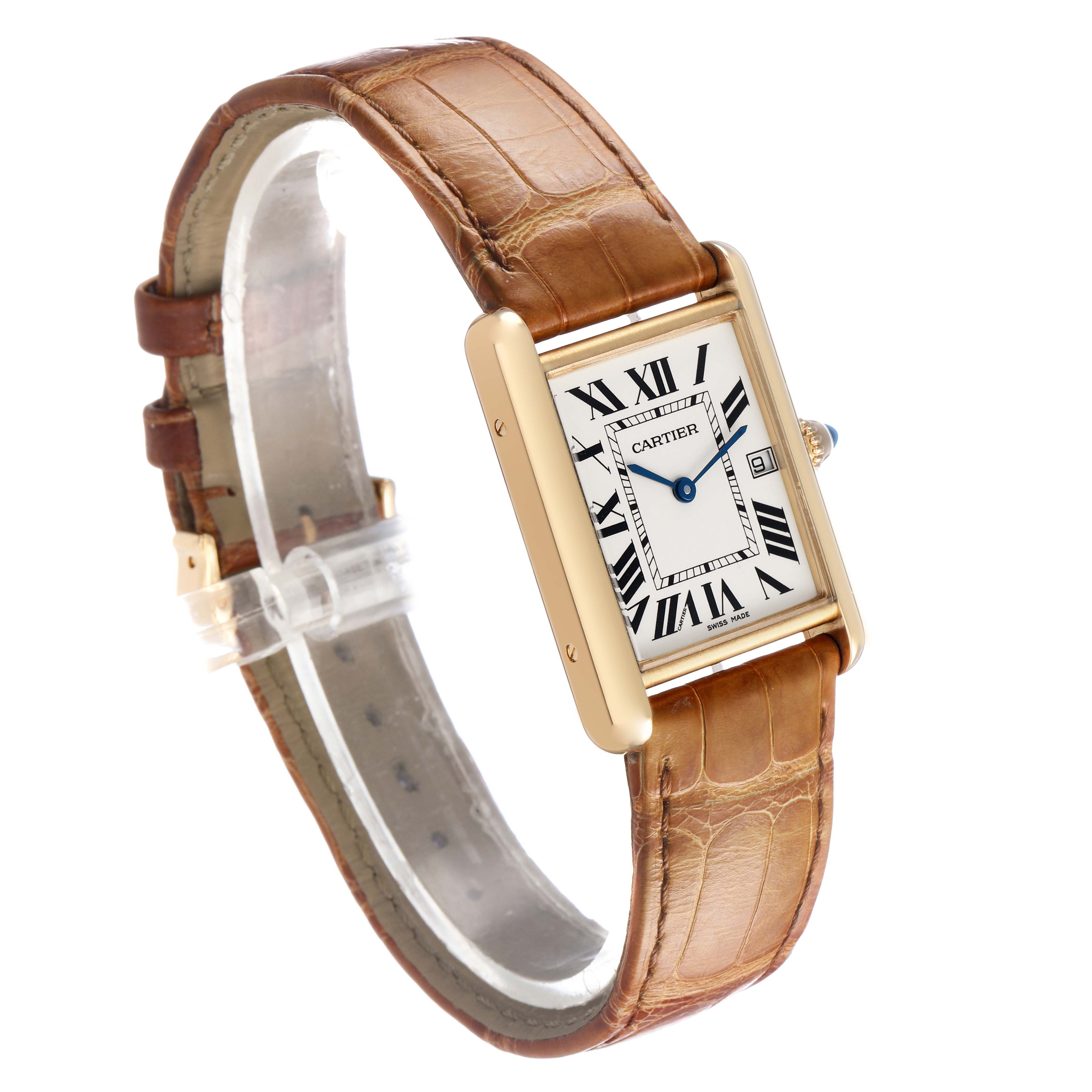 The Cartier Tank Louis W1529756 Men's Yellow Gold Silver Dial watch is shown in a side angle, highlighting the face, crown, and leather strap.