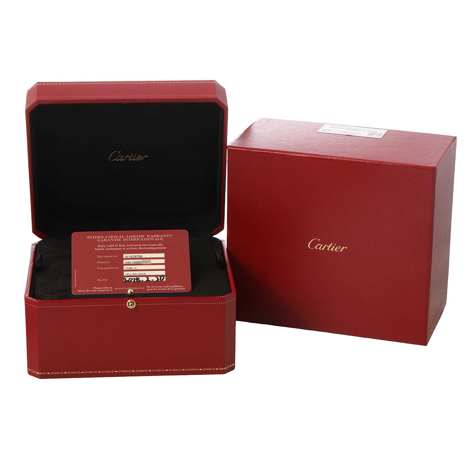 The image shows the Cartier Tank Louis W1529756 Men's Yellow Gold Silver Dial watch box and warranty card, with the box open and a red exterior.
