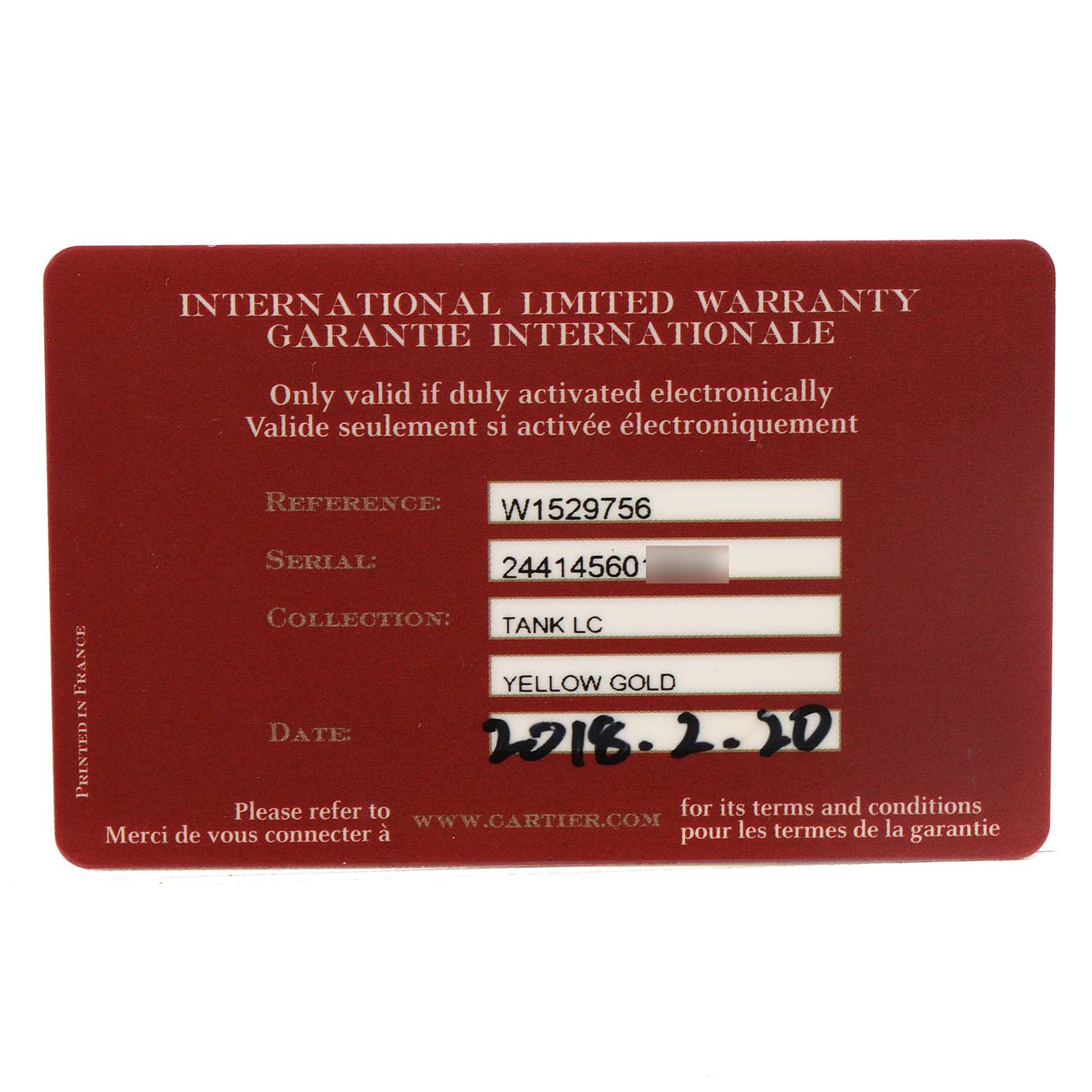 The image shows an International Limited Warranty card for the Cartier Tank Louis W1529756 Men's Yellow Gold Silver Dial model.