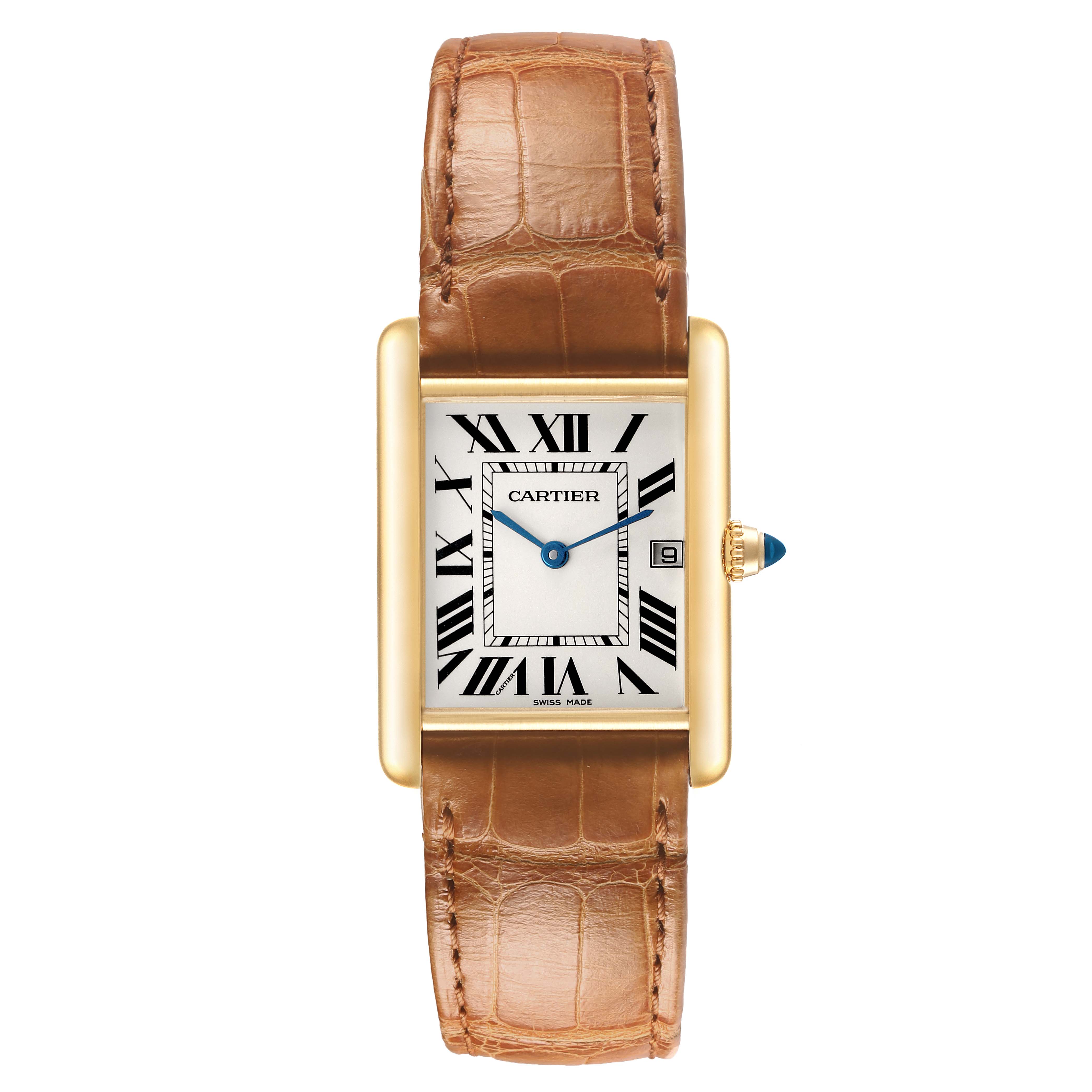 The Cartier Tank Louis W1529756 Men's Yellow Gold Silver Dial watch is shown from the front, displaying the dial, Roman numerals, and leather strap.