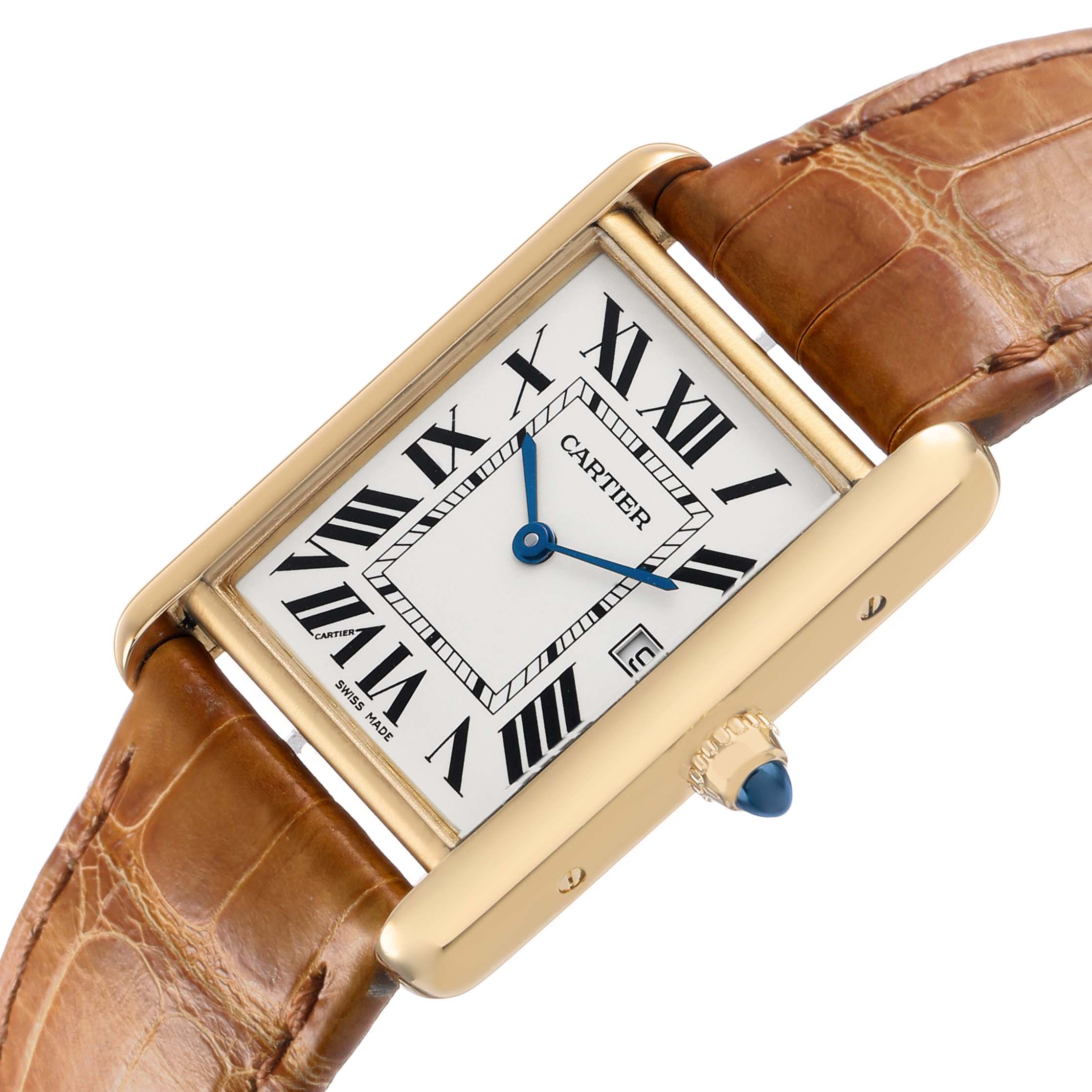 The Cartier Tank Louis W1529756 Men's Yellow Gold Silver Dial watch is shown at a slight angle, featuring its face, blue hands, brown leather strap, and the iconic crown.