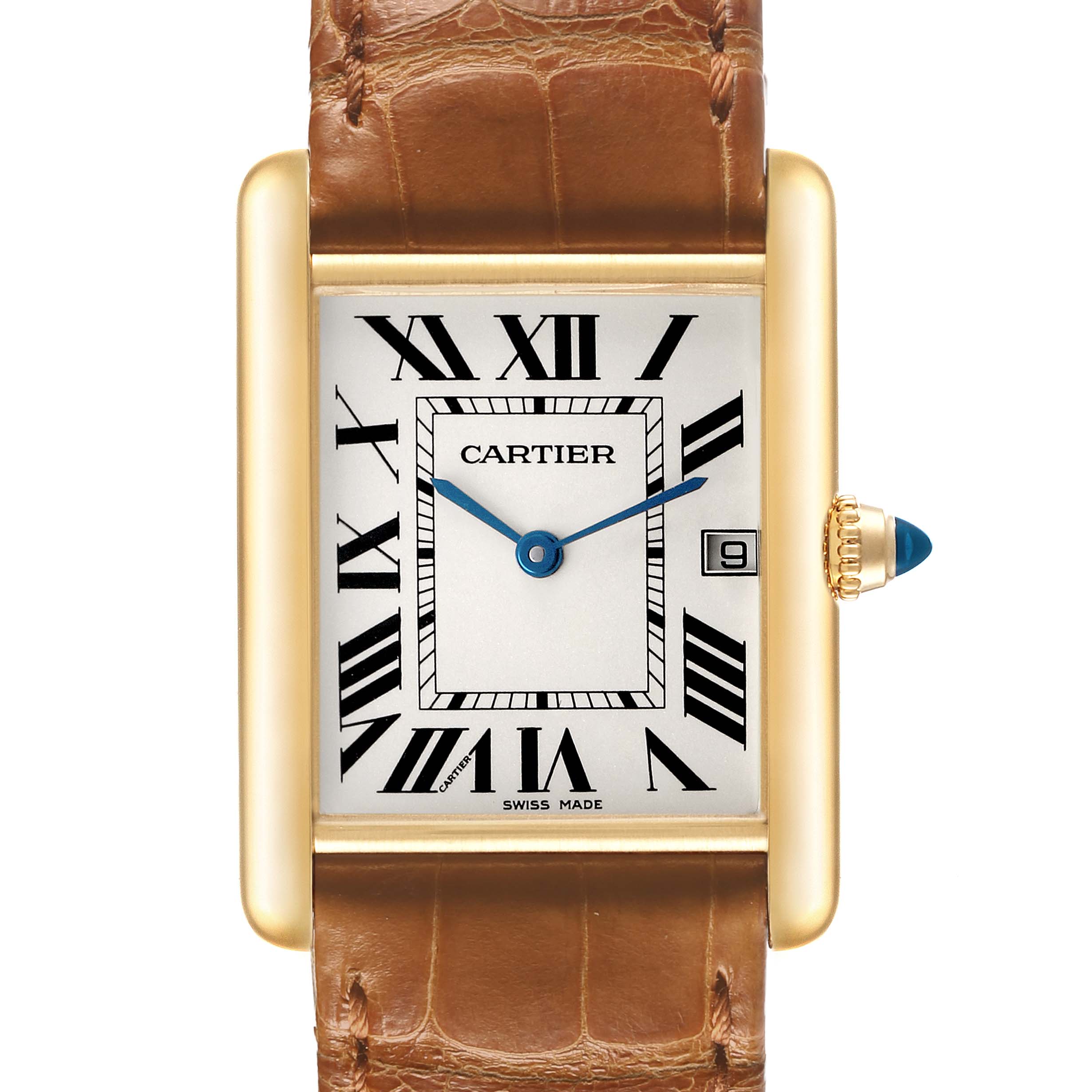 The Cartier Tank Louis W1529756 Men's Yellow Gold Silver Dial watch is shown from the front, highlighting its rectangular face, roman numerals, and leather strap.