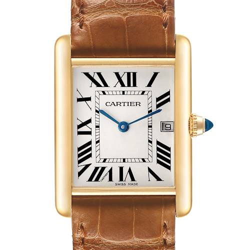The Cartier Tank Louis W1529756 Men's Yellow Gold Silver Dial watch is shown from the front, highlighting its rectangular gold case, Roman numerals, and brown leather strap.