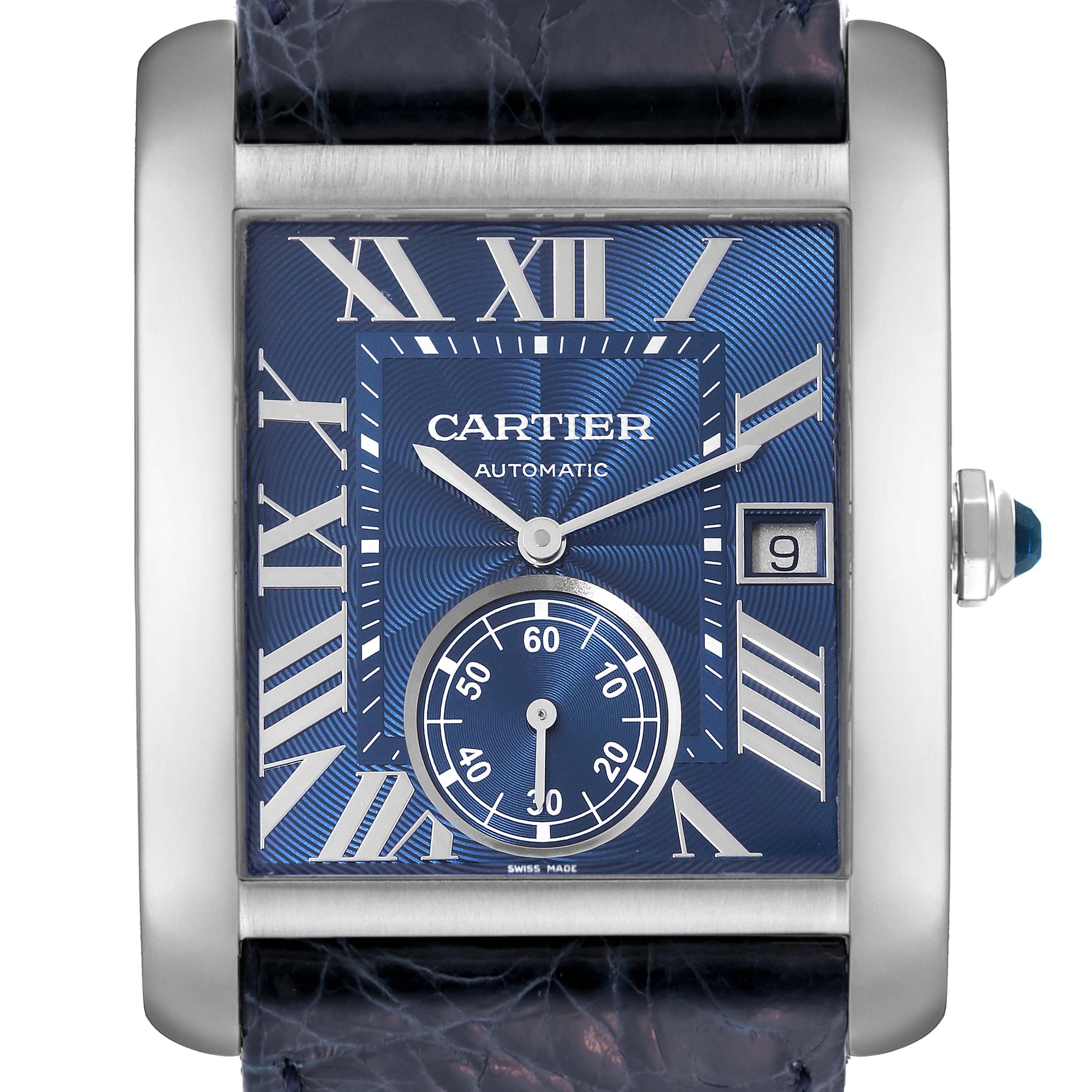 This image shows a front view of a Cartier Tank MC WSTA0010 Men's Stainless Steel Blue Dial WSTA0010 Men's Stainless Steel Blue Dial watch, displaying its blue dial, Roman numerals, date window, and sub-dial.