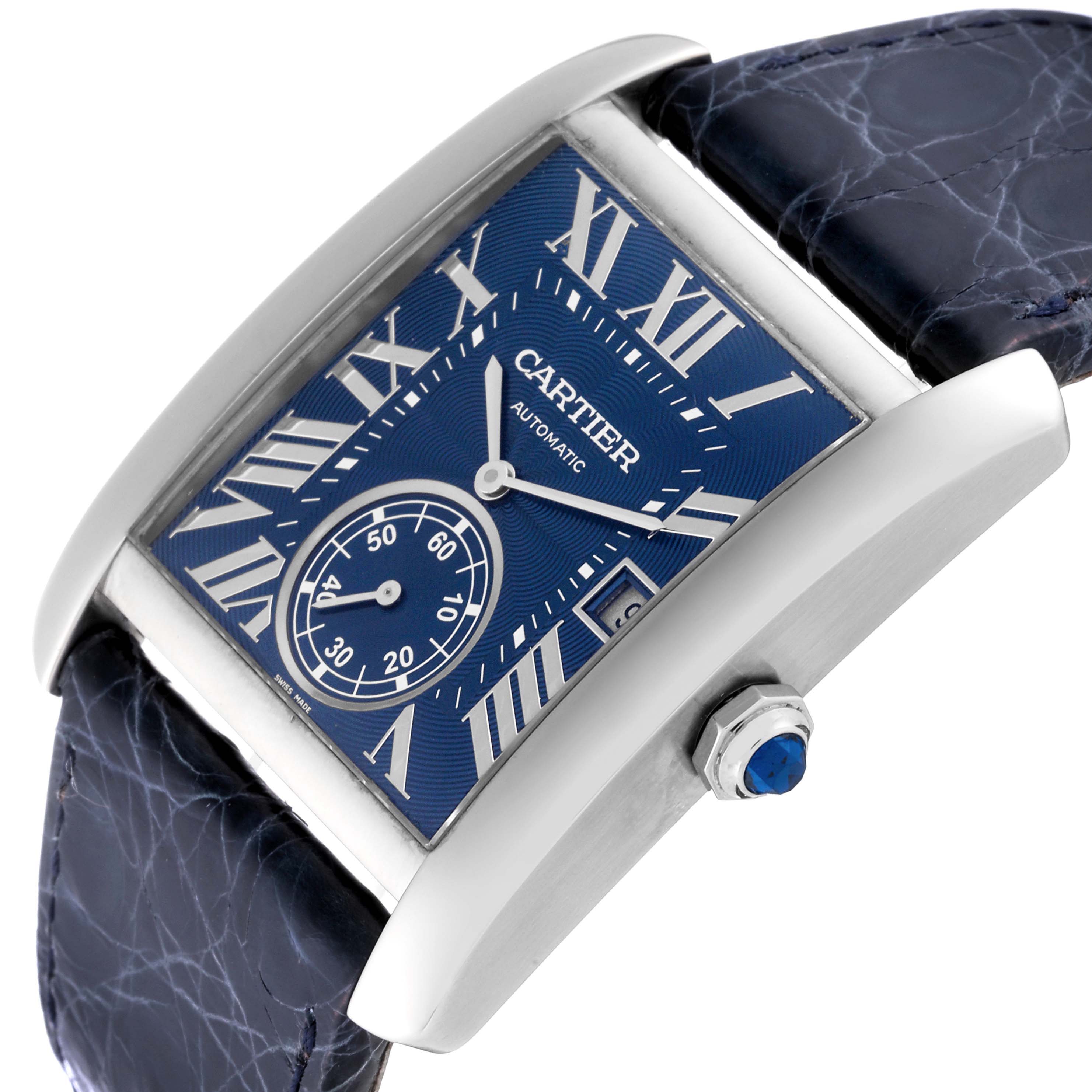 The image shows a Cartier Tank MC WSTA0010 Men's Stainless Steel Blue Dial WSTA0010 Men's Stainless Steel Blue Dial watch at a slight angle highlighting its blue dial, Roman numeral markers, and leather strap.