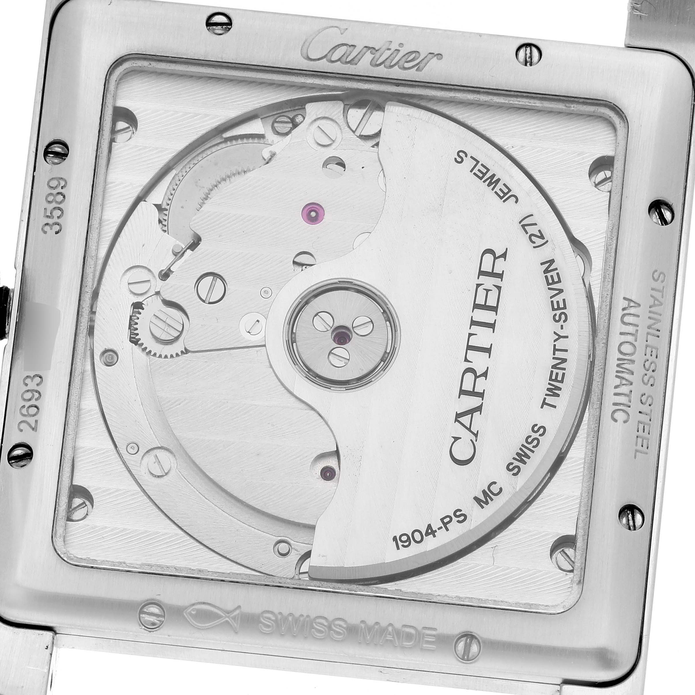 This image shows the back of the Cartier Tank MC WSTA0010 Men's Stainless Steel Blue Dial WSTA0010 Men's Stainless Steel Blue Dial watch, highlighting its internal automatic movement.