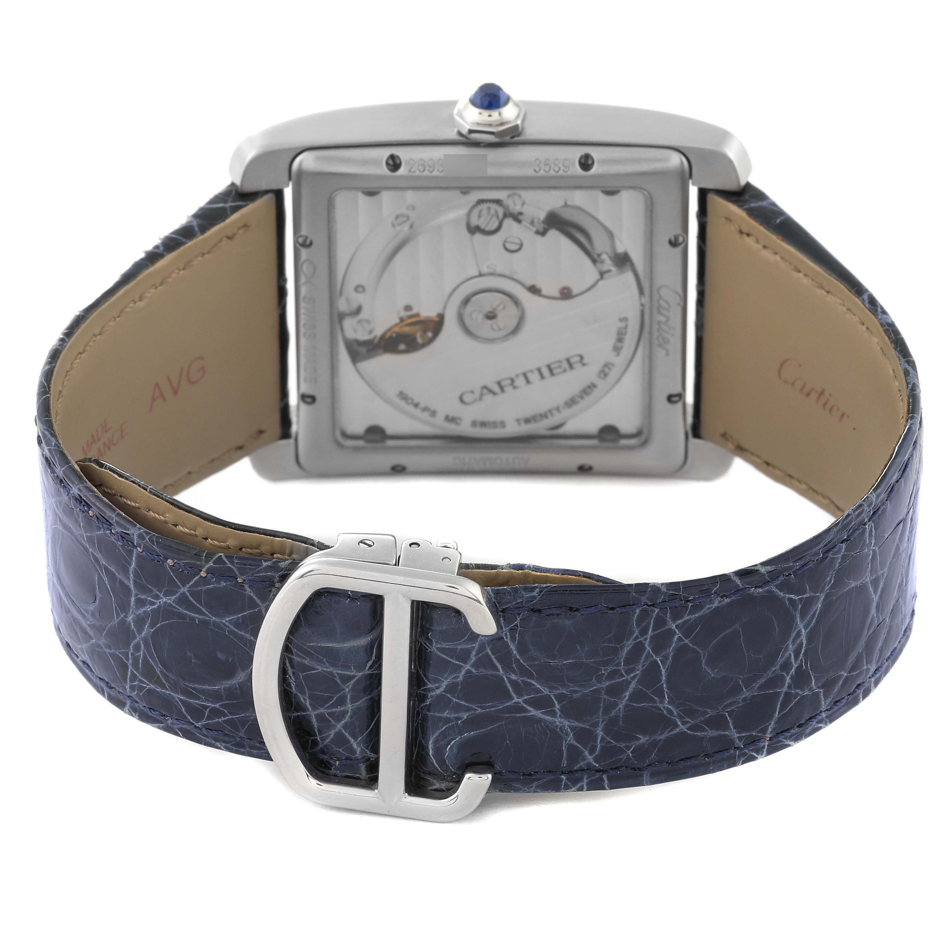 The image shows the back view of the Cartier Tank MC WSTA0010 Men's Stainless Steel Blue Dial WSTA0010 Men's Stainless Steel Blue Dial watch with its visible mechanism and strap with a distinctive buckle.