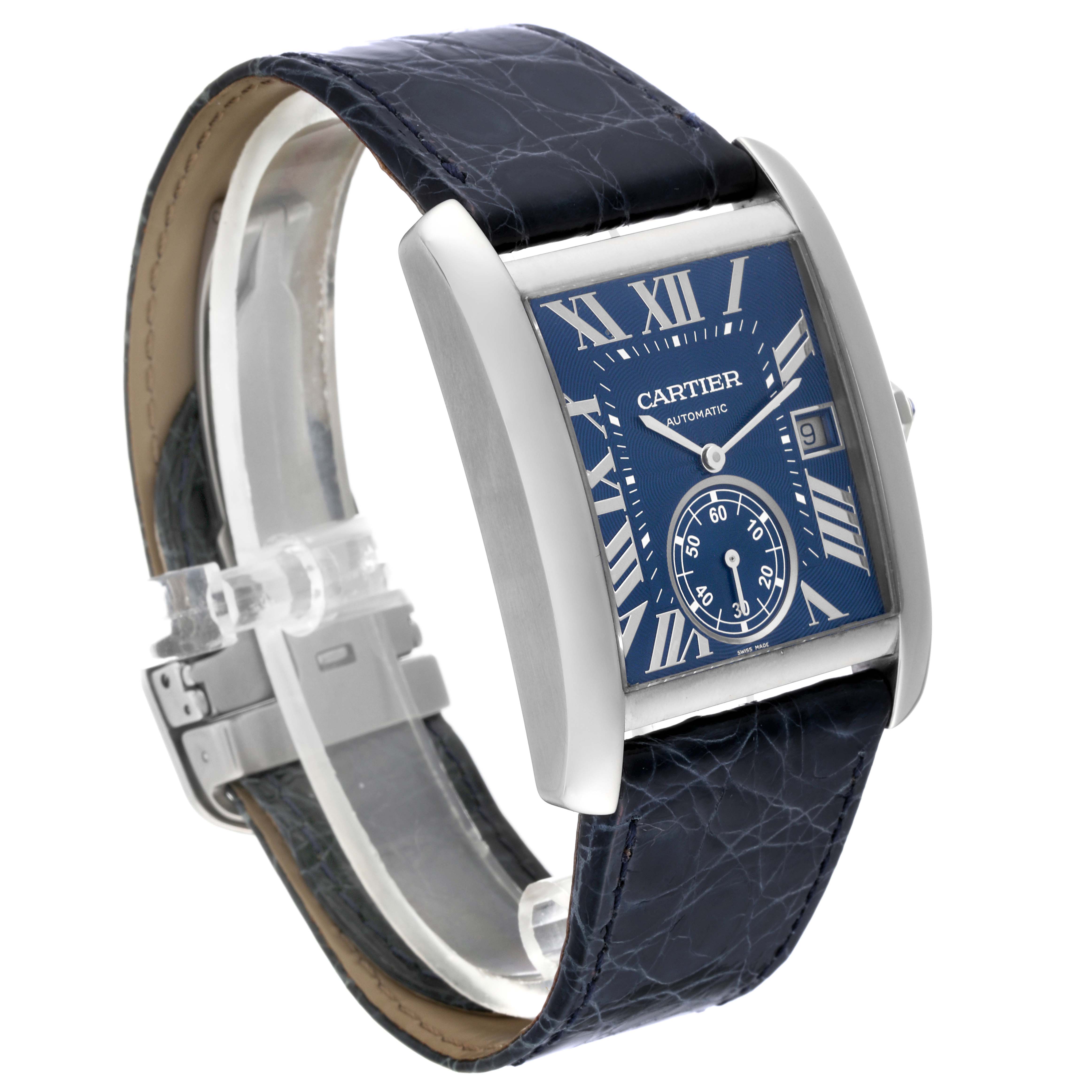 This image shows a Cartier Tank MC WSTA0010 Men's Stainless Steel Blue Dial WSTA0010 Men's Stainless Steel Blue Dial watch from a three-quarter angle, highlighting the face, strap, and clasp.