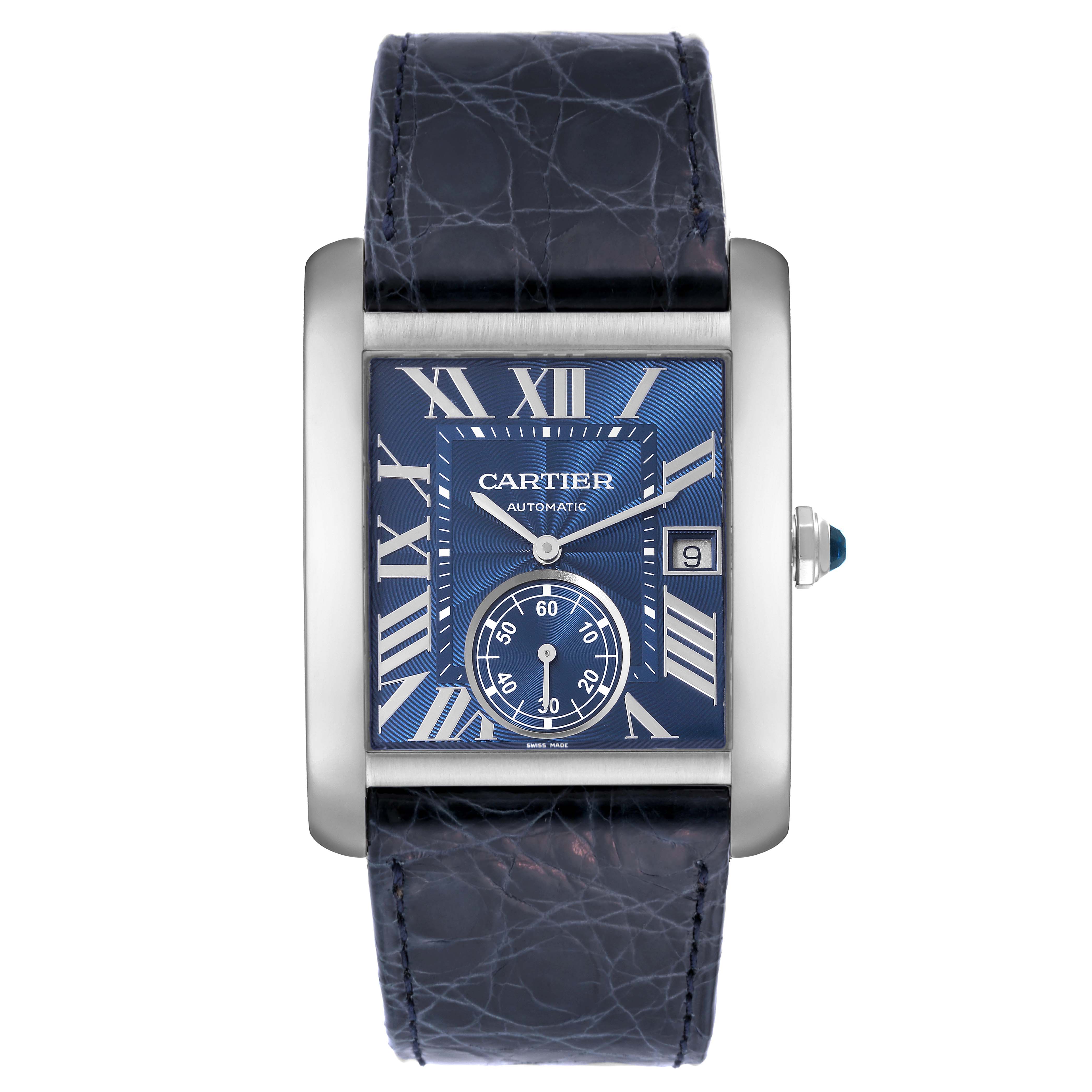 This image shows a front view of the Cartier Tank MC WSTA0010 Men's Stainless Steel Blue Dial WSTA0010 Men's Stainless Steel Blue Dial watch, displaying its dial, strap, and crown.