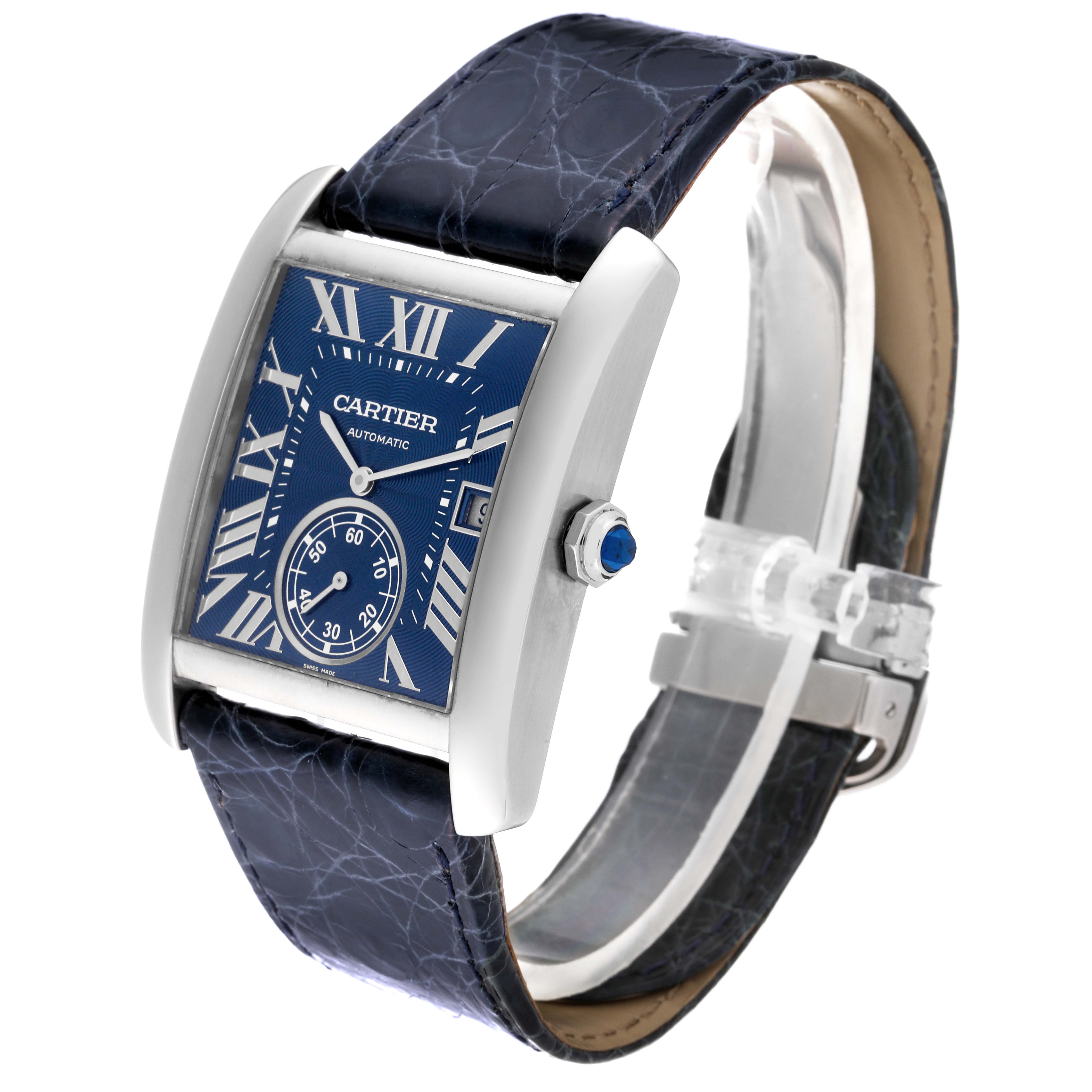 This Cartier Tank MC WSTA0010 Men's Stainless Steel Blue Dial WSTA0010 Men's Stainless Steel Blue Dial watch is shown at a three-quarter angle, displaying its blue dial, Roman numerals, and blue leather strap.