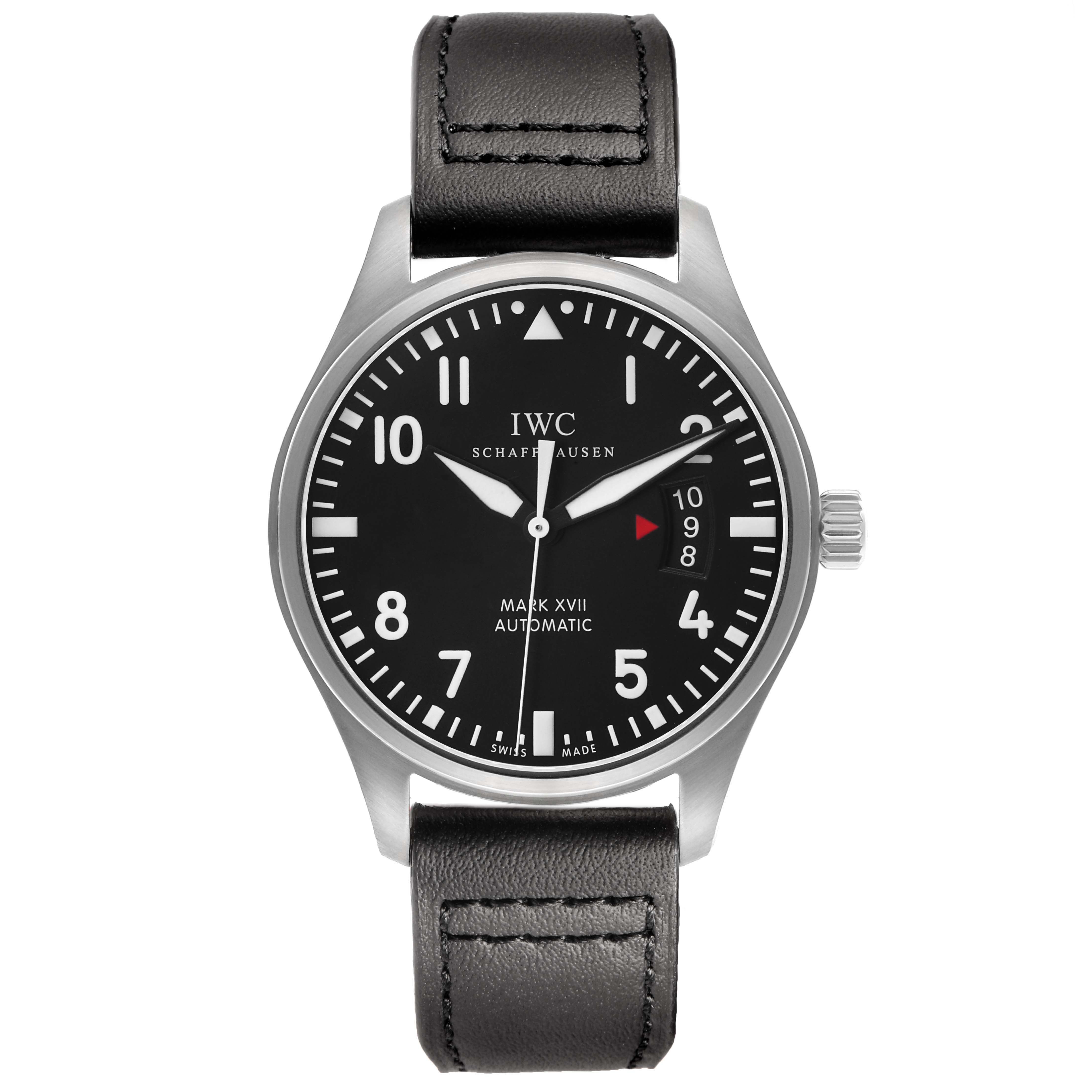 The IWC Pilot IW326501 Men's Stainless Steel Black Dial Model watch is shown from a frontal angle, highlighting the dial, hands, and date window.