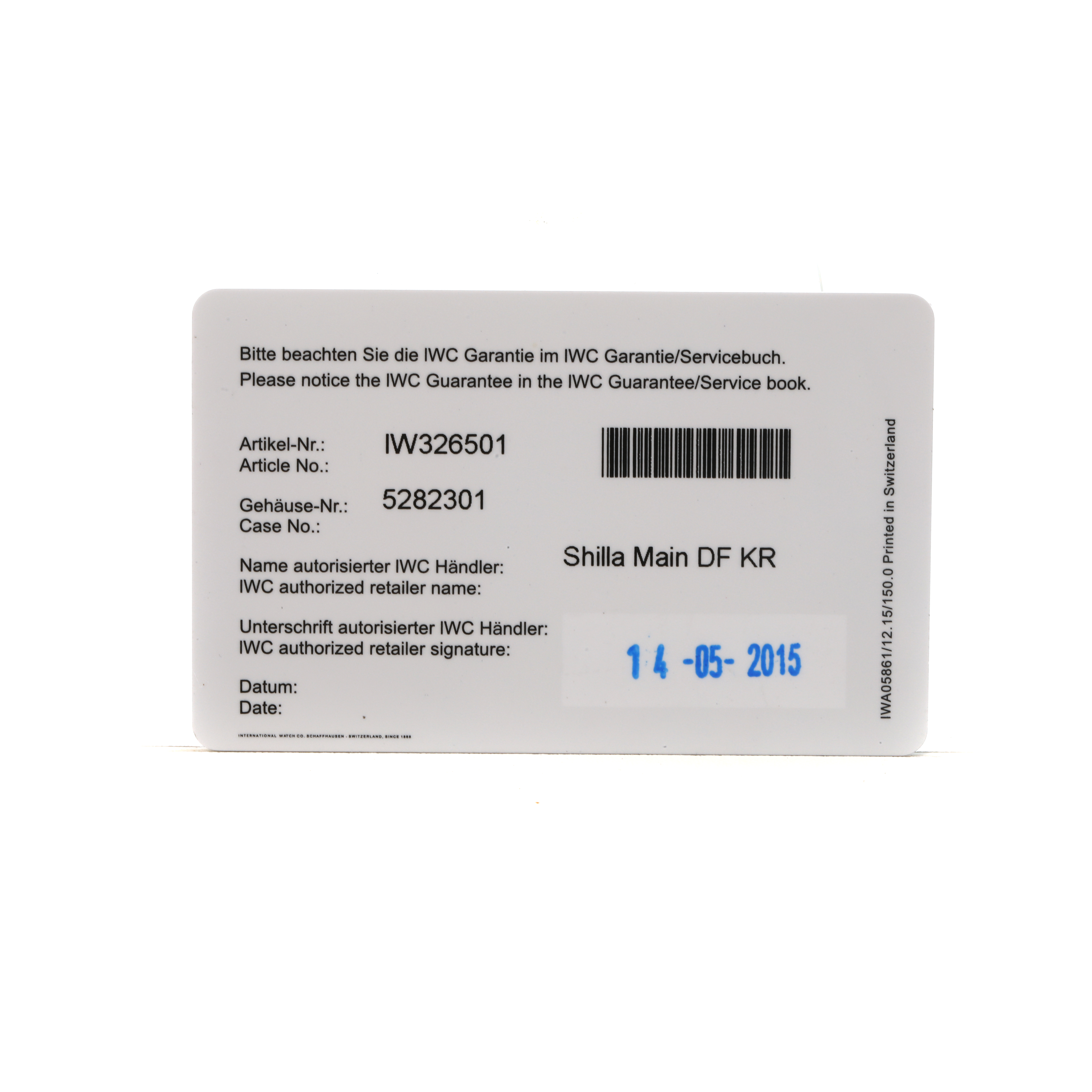 The image shows the warranty card for the IWC Pilot IW326501 Men's Stainless Steel Black Dial watch model, viewed from the front.