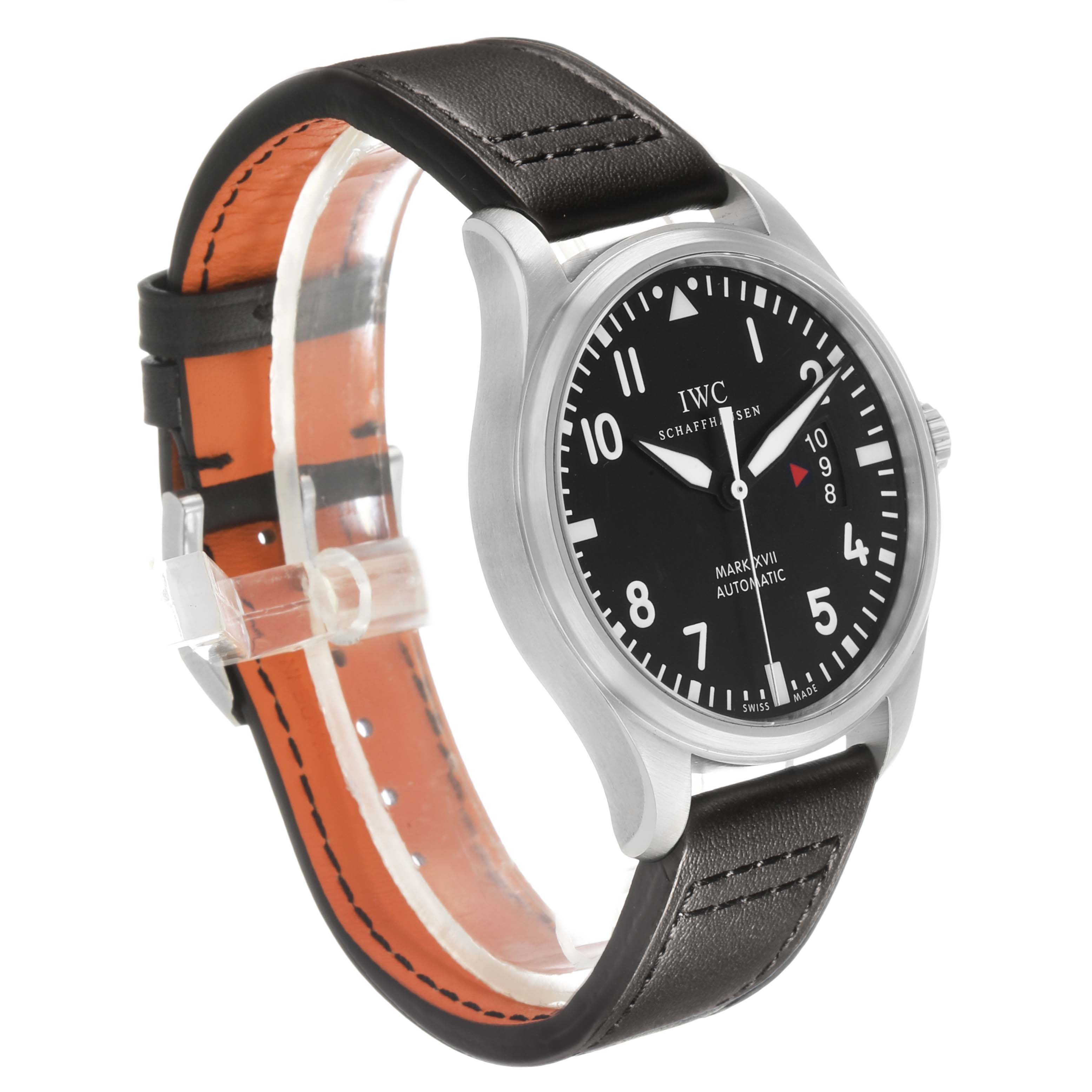 The IWC Pilot IW326501 Men's Stainless Steel Black Dial watch is shown at a three-quarter angle, displaying the face, leather strap, and crown.