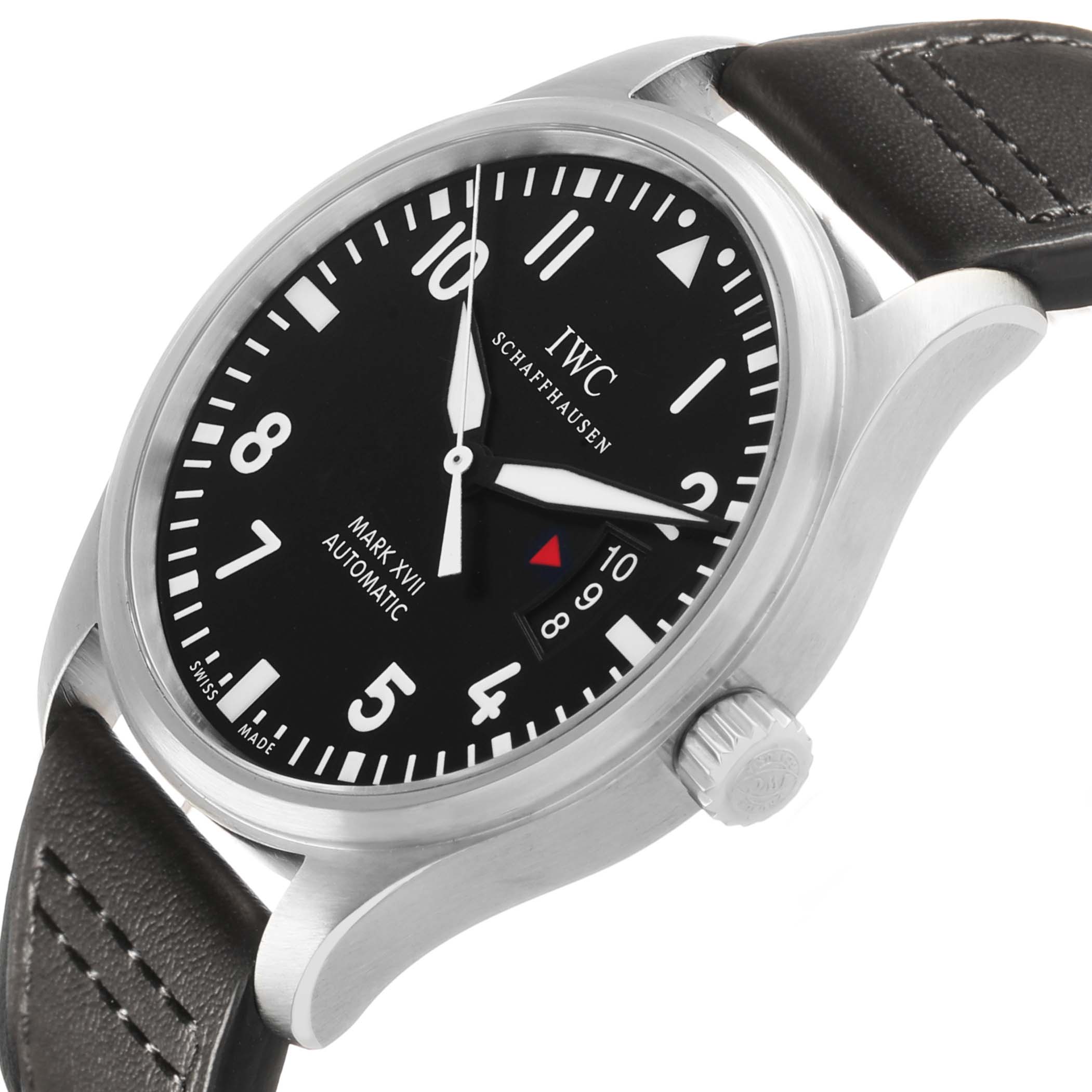 The IWC Pilot IW326501 Men's Stainless Steel Black Dial watch Mark XVII is shown at an angled view, displaying the face, crown, and leather strap.