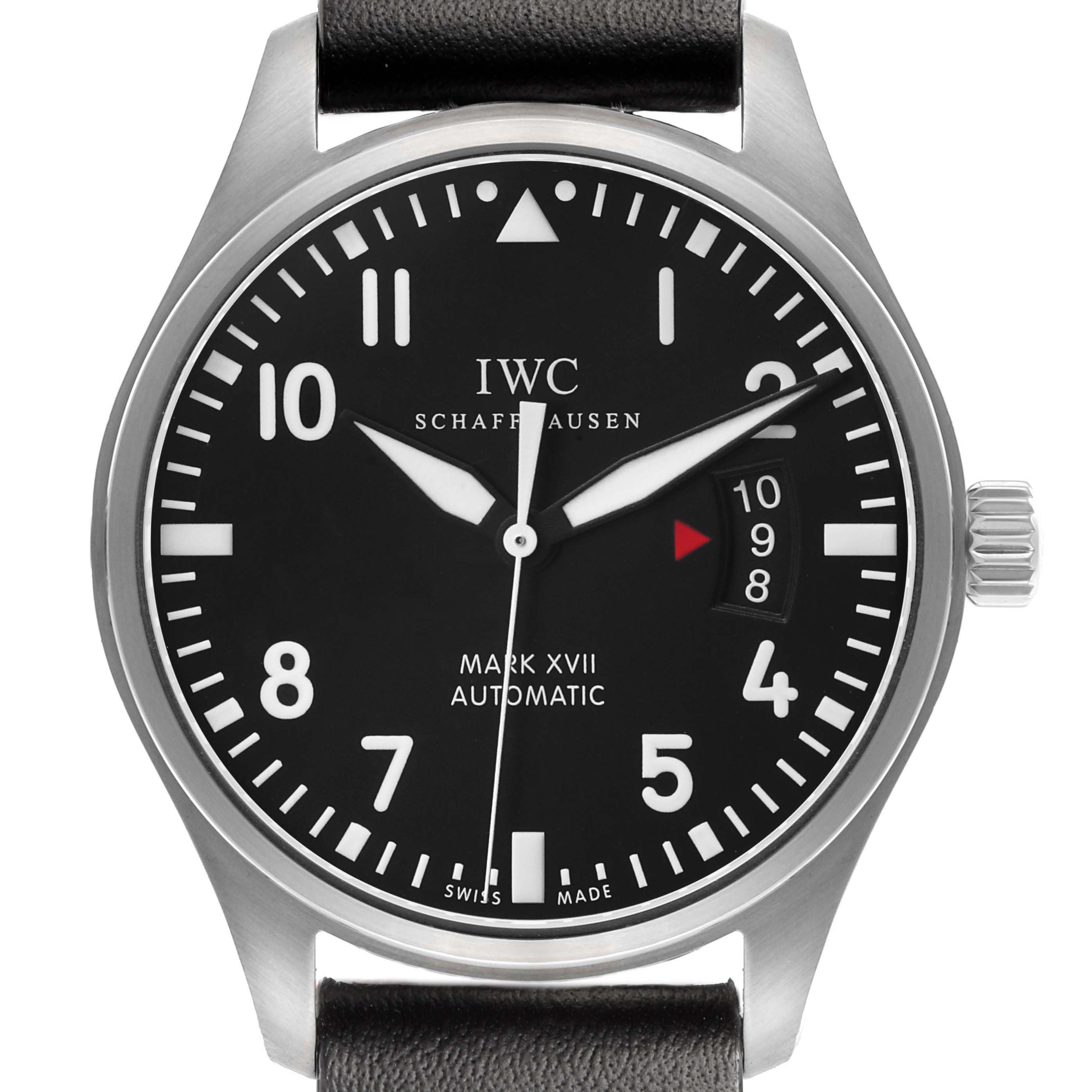 The IWC Pilot IW326501 Men's Stainless Steel Black Dial Model is shown from the front, highlighting the dial, hands, crown, and part of the strap.