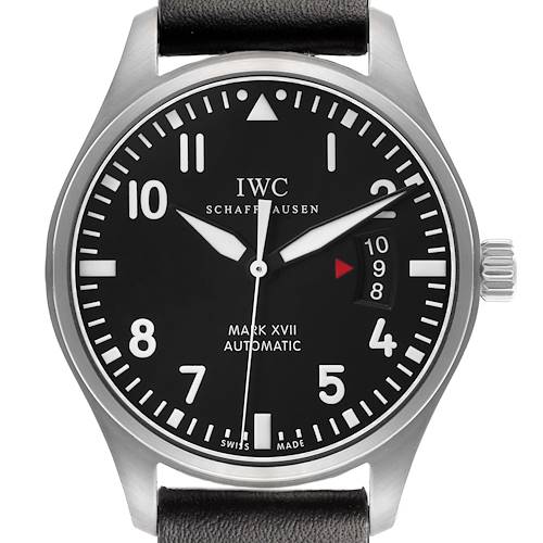 The IWC Pilot IW326501 Men's Stainless Steel Black Dial watch model is shown from the front, highlighting the dial, hands, and date window.