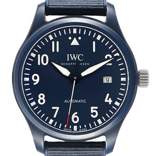 The IWC Pilot IW328101 Men's Ceramic Blue Dial model is shown from the front, displaying the dial, hands, crown, and part of the strap.