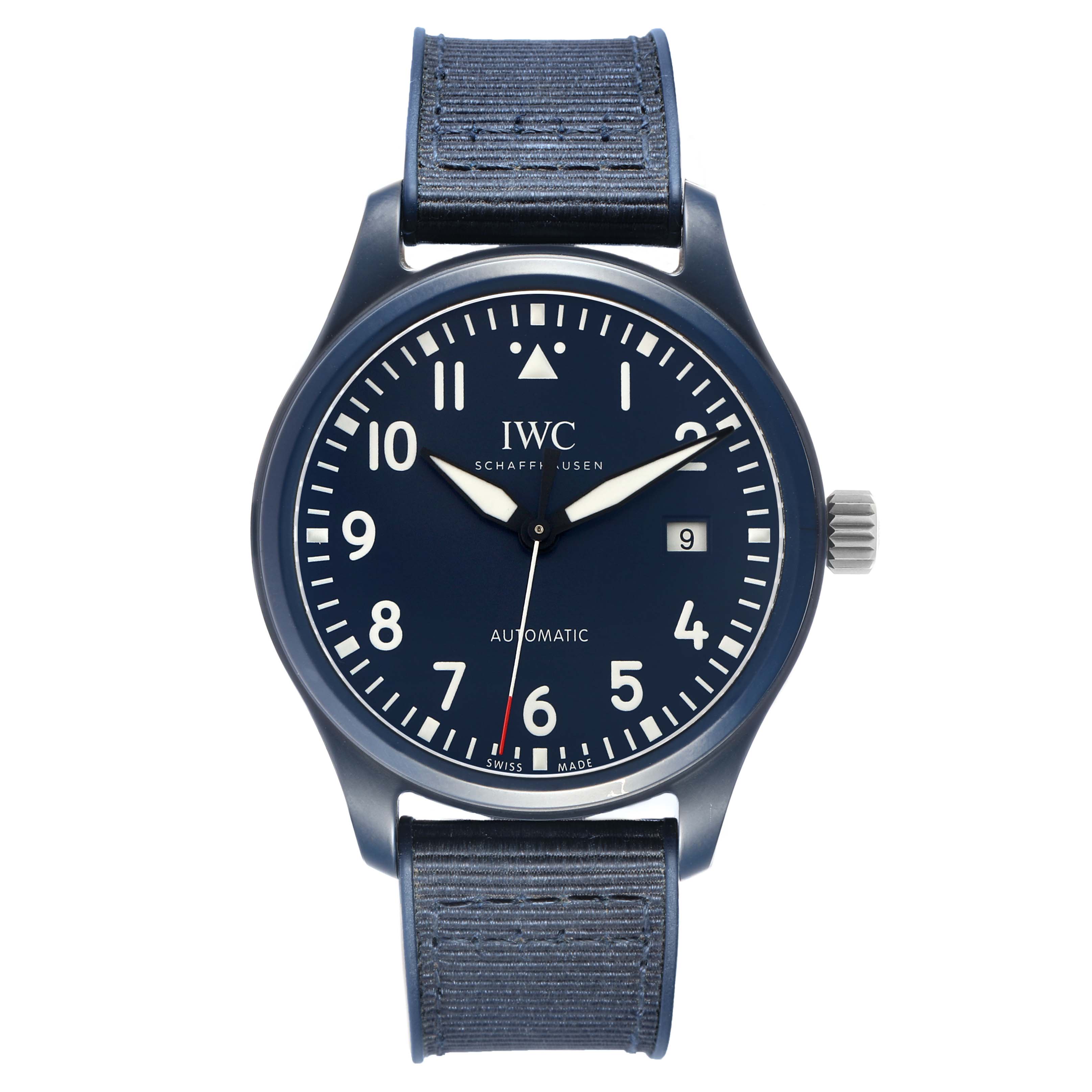 The IWC Pilot IW328101 Men's Ceramic Blue Dial model is shown from a front angle, displaying the face, hands, and strap.