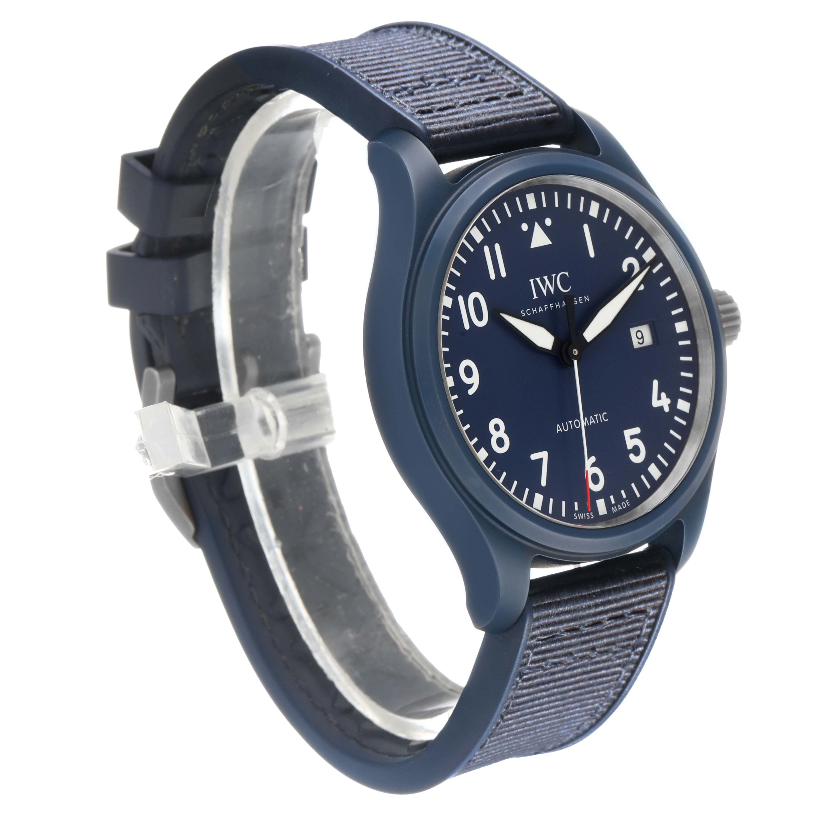 The IWC Pilot IW328101 Men's Ceramic Blue Dial model watch is shown in a three-quarter angle displaying the dial, case, and strap.
