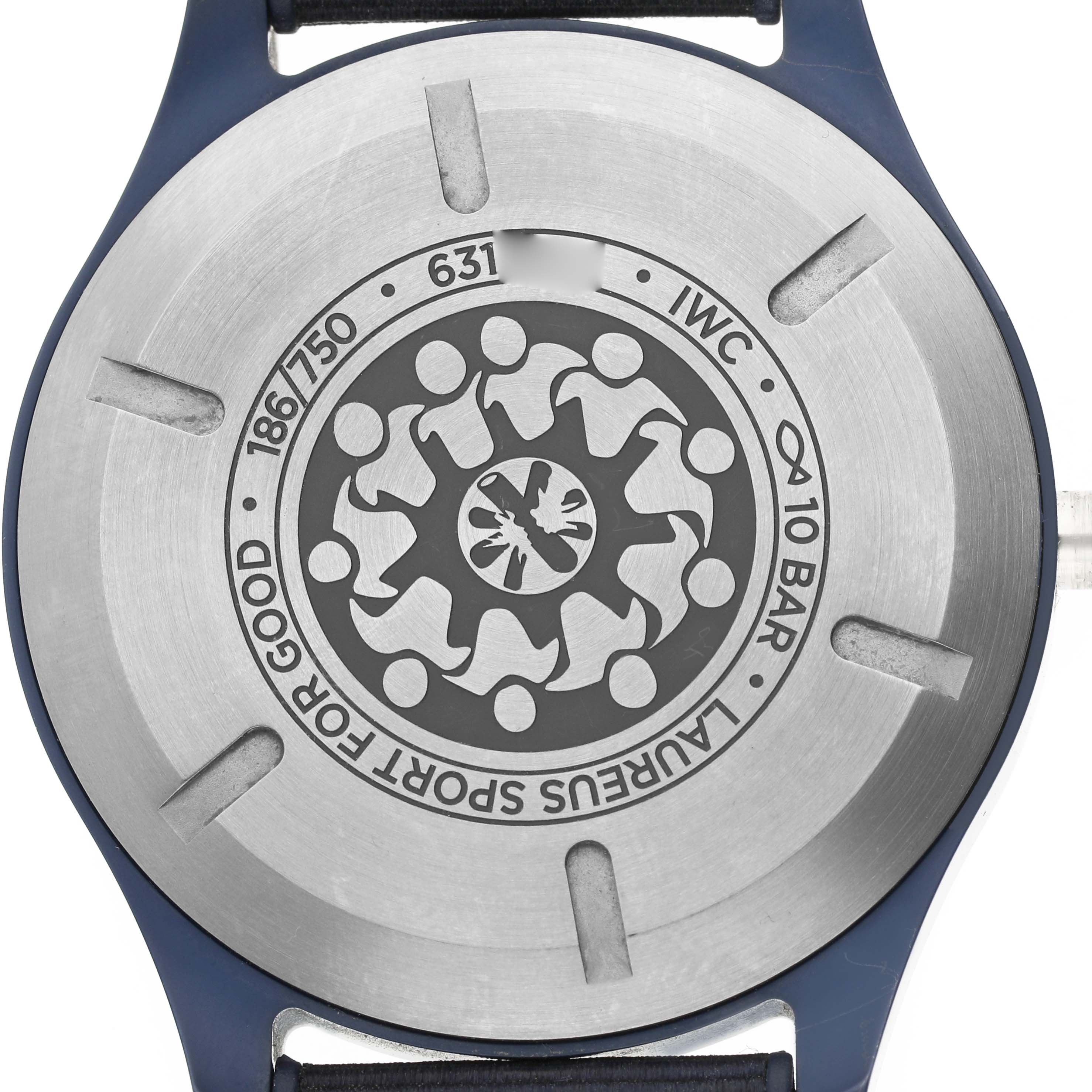 The image shows the case back of an IWC Pilot IW328101 Men's Ceramic Blue Dial model watch, featuring engravings and markings related to Laureus Sport for Good.