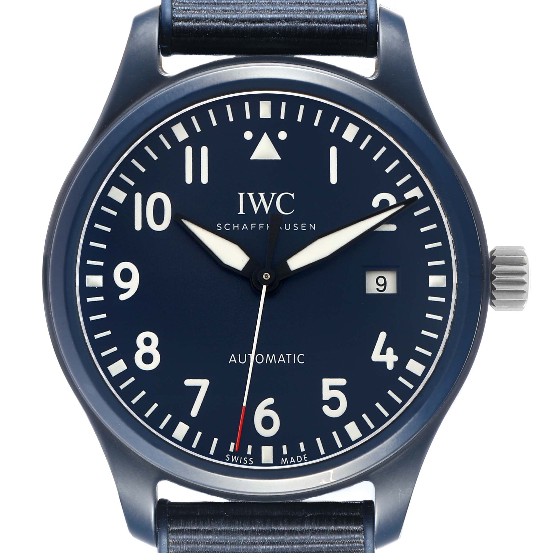 This IWC Pilot IW328101 Men's Ceramic Blue Dial model watch is shown from the front, displaying the dial, hands, date window, and crown.