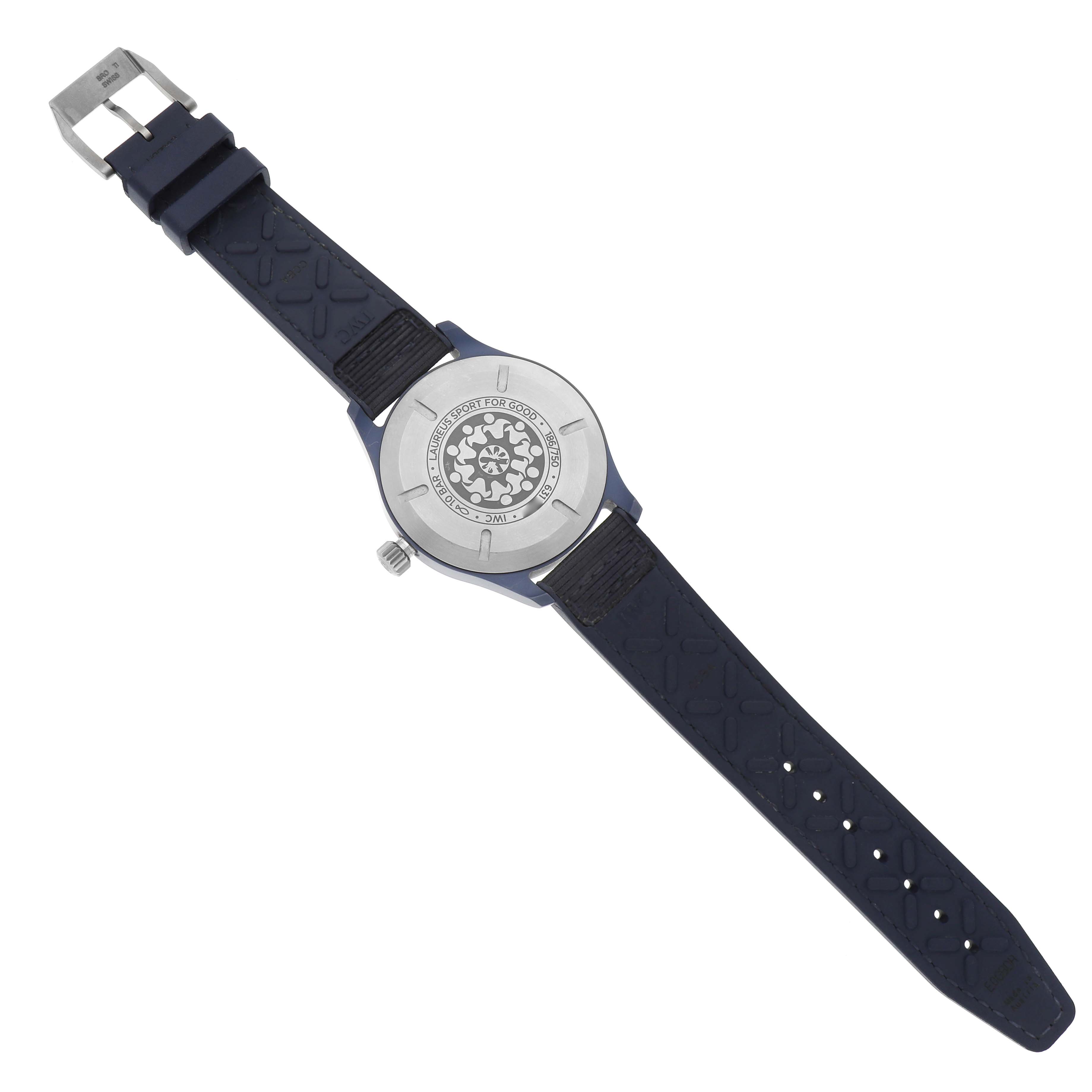 The IWC Pilot IW328101 Men's Ceramic Blue Dial model watch is shown from the back, highlighting the case back, strap, buckle, and crown.