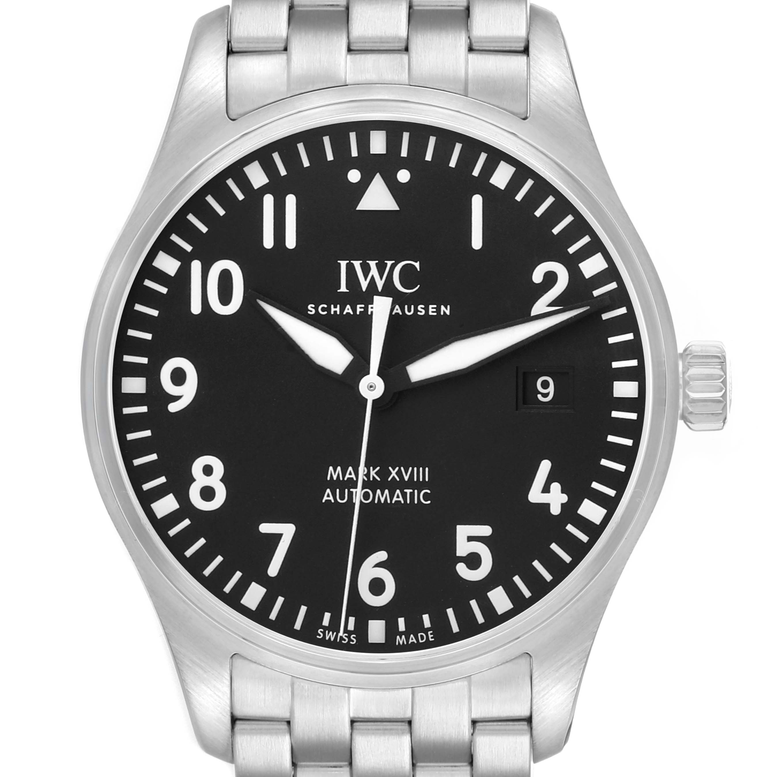 The IWC Pilot IW327015 Men's Stainless Steel Black Dial watch is shown from the front, displaying the dial, bezel, crown, and part of the bracelet.