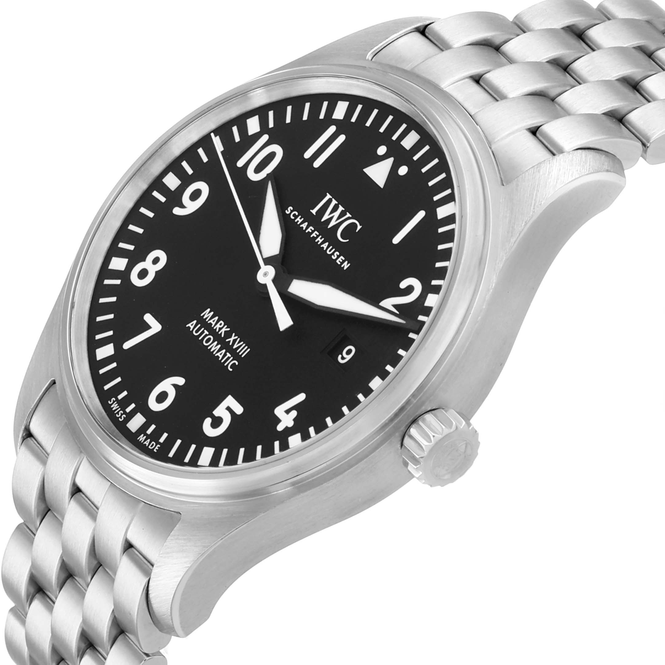 The IWC Pilot IW327015 Men's Stainless Steel Black Dial Mark XVIII watch is shown at an angle displaying its face, crown, and part of the stainless steel bracelet.