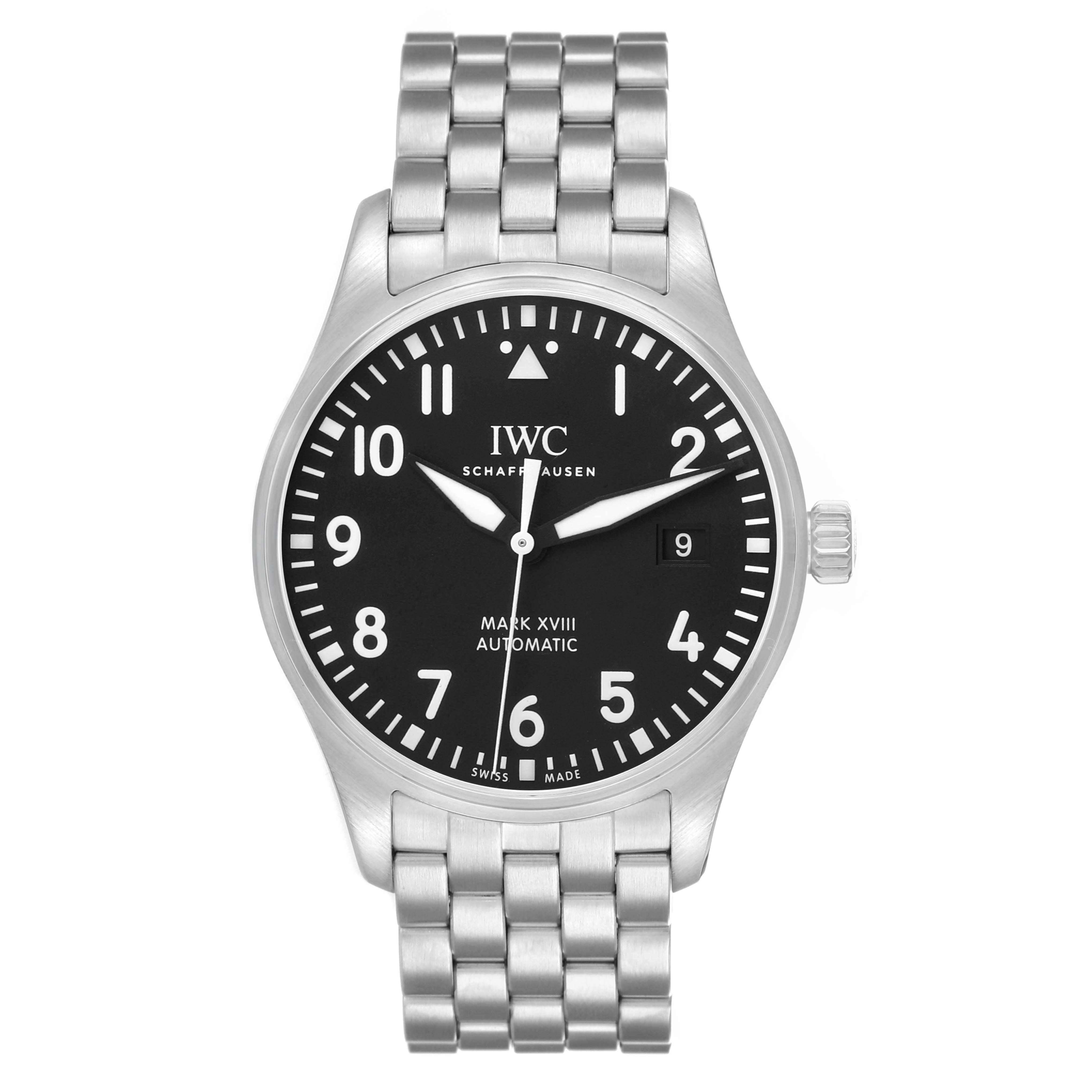 The IWC Pilot IW327015 Men's Stainless Steel Black Dial model is shown from a front angle, displaying the dial, bracelet, and crown.