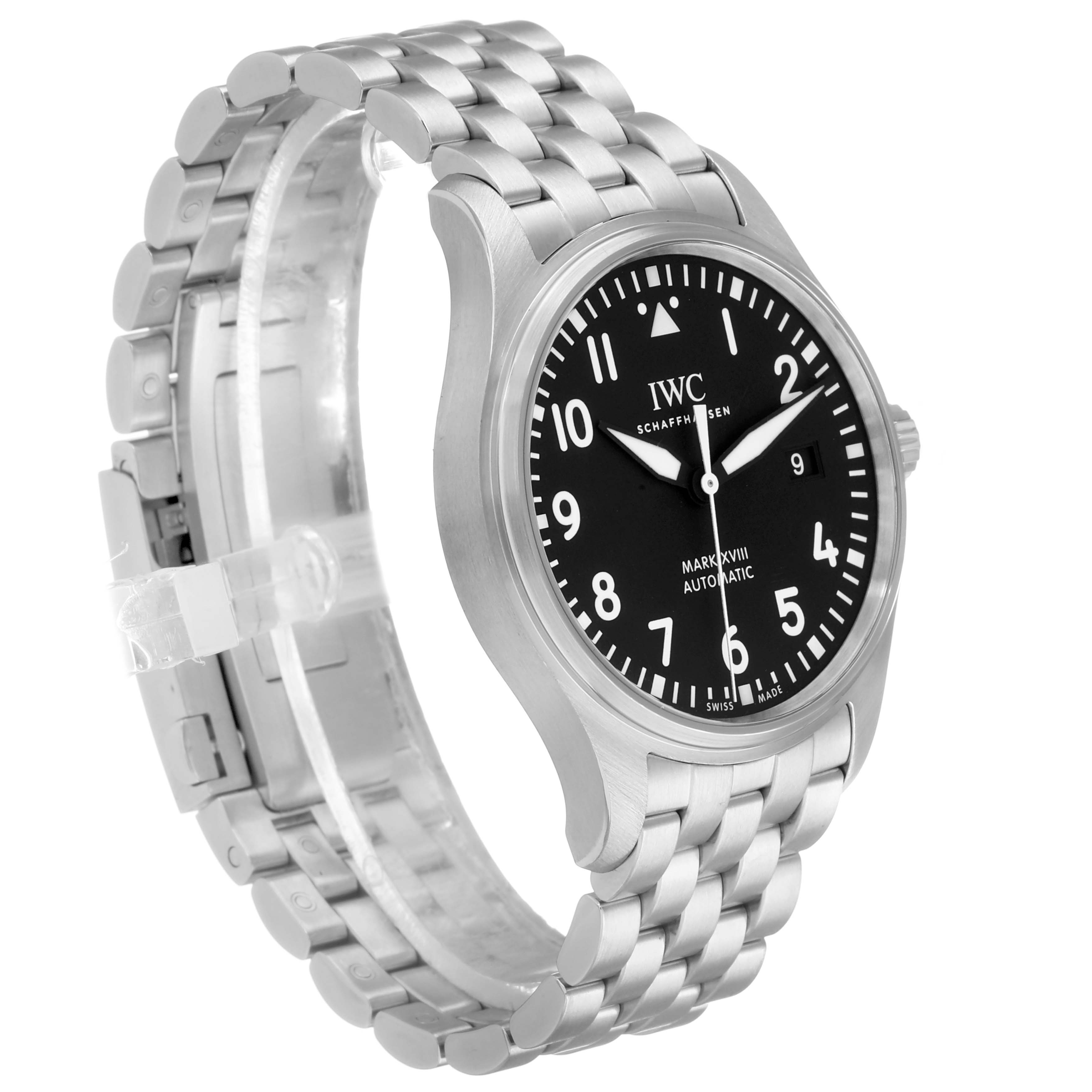 The IWC Pilot IW327015 Men's Stainless Steel Black Dial watch model is shown from a three-quarter angle, highlighting the face, bezel, bracelet, and side profile.