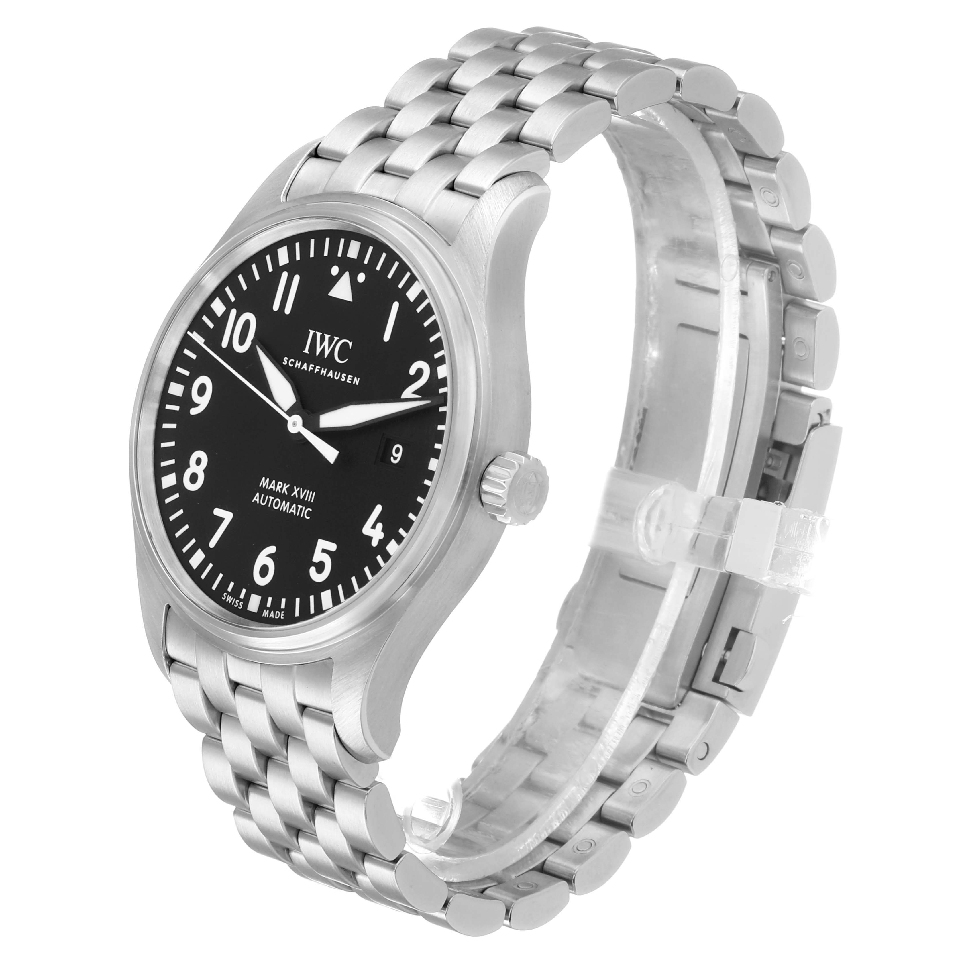 The IWC Pilot IW327015 Men's Stainless Steel Black Dial model watch is shown from a three-quarter angle, highlighting the face, crown, and metal bracelet.