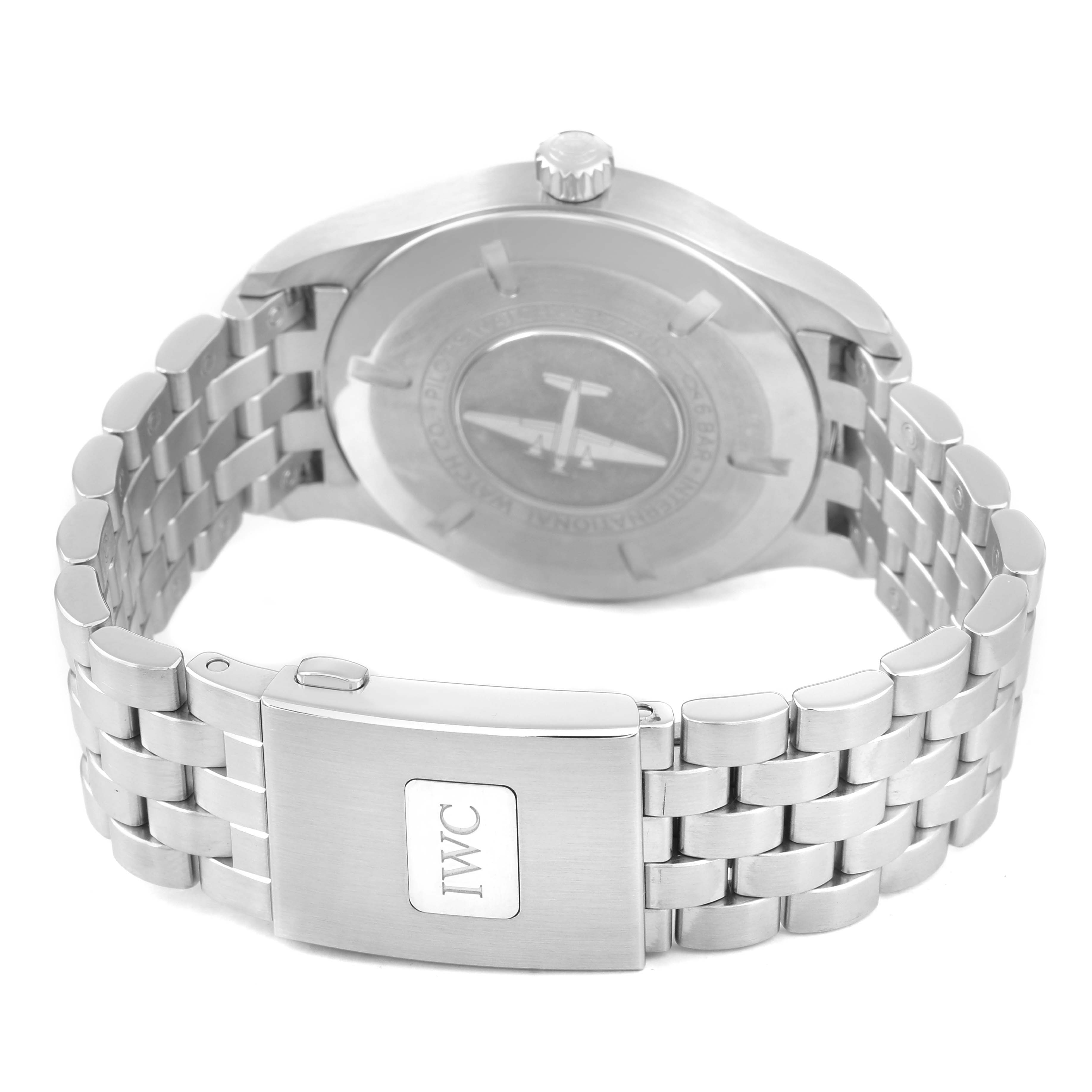 The image shows the back of the IWC Pilot IW327015 Men's Stainless Steel Black Dial watch and its metal bracelet clasp, featuring a visible logo on the clasp.