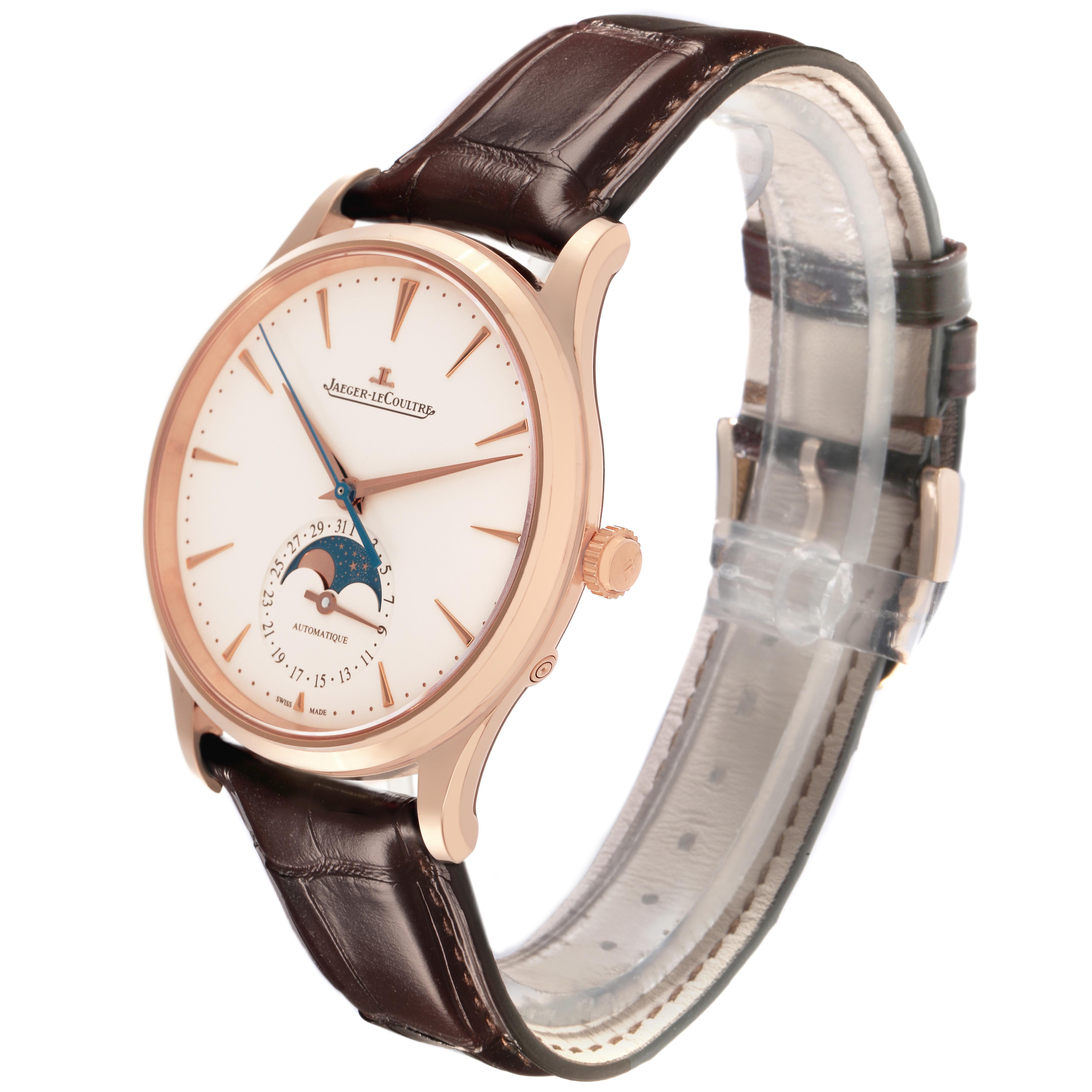 The Jaeger LeCoultre Master Q1362510 Men
s Rose Gold Beige Dial Q1362510 Men
s Rose Gold Beige Dial is shown at a three-quarter angle, displaying the face, side profile, and brown leather strap.