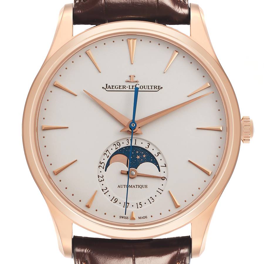 The image shows a frontal view of a Jaeger LeCoultre Master watch, featuring the face, hands, markers, and moon phase.