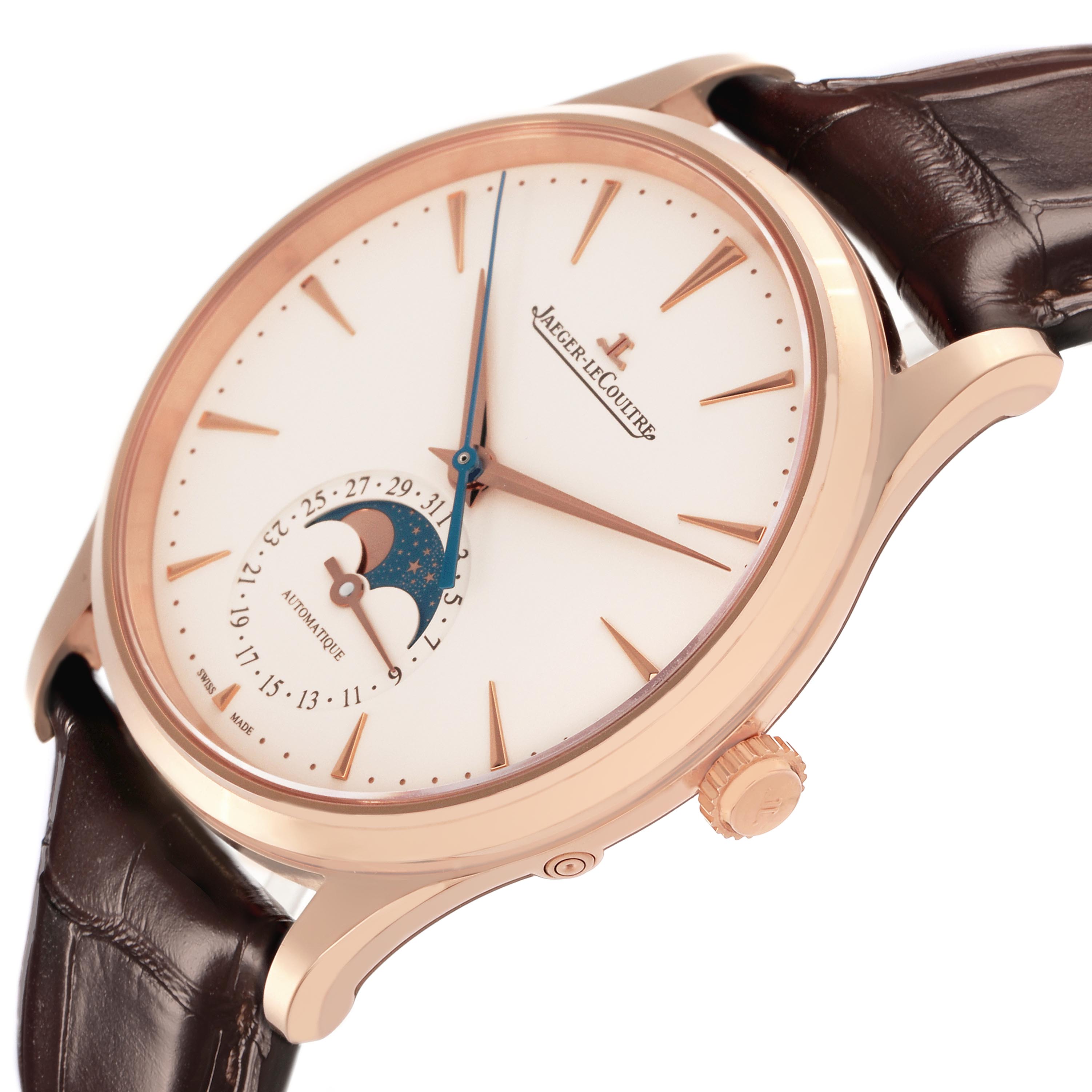 The Jaeger LeCoultre Master Q1362510 Men
s Rose Gold Beige Dial Q1362510 Men
s Rose Gold Beige Dial watch is shown at an angled view highlighting the face, moon phase, and crown.