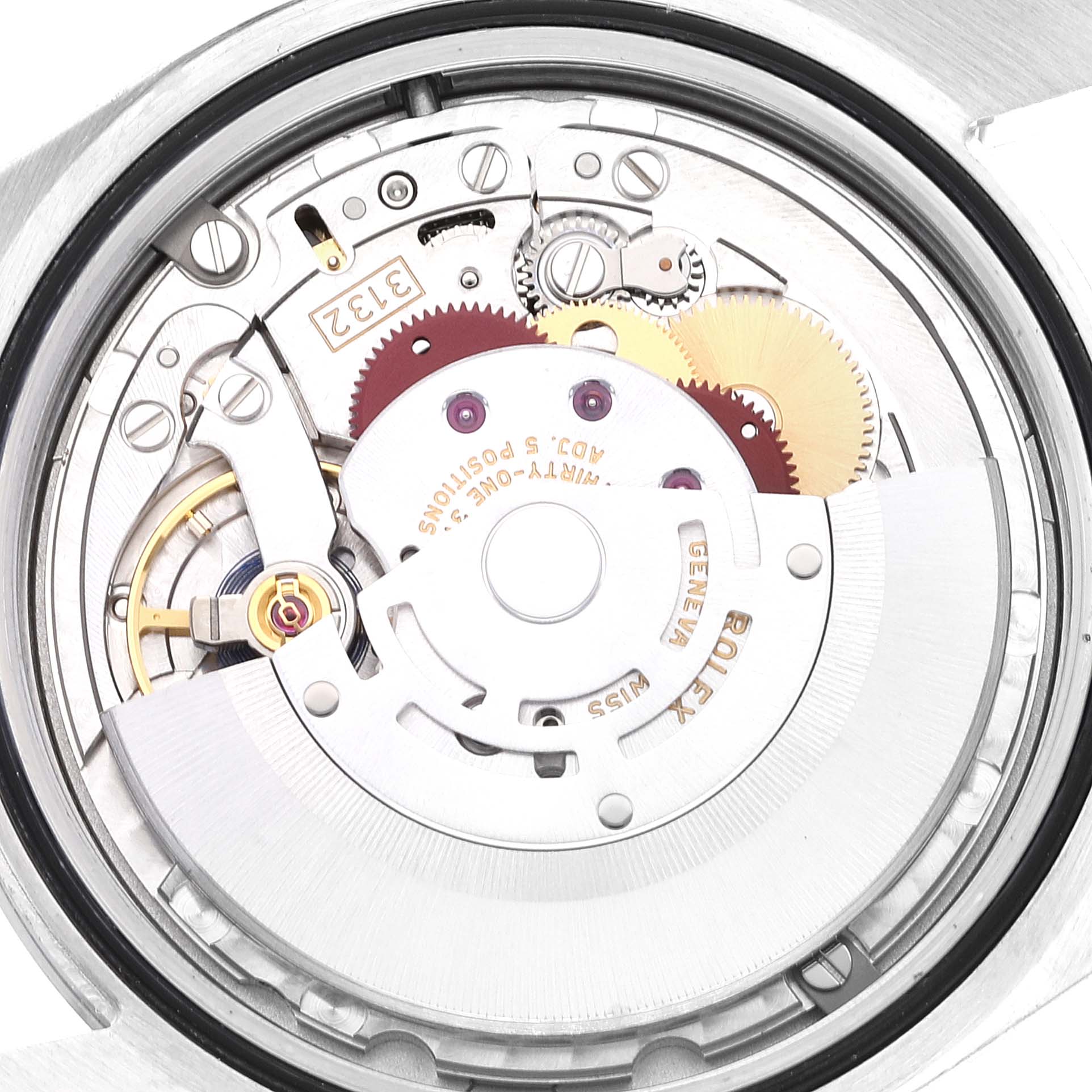 This image shows the internal mechanism of the Rolex Oyster Perpetual 114300 Men
s Stainless Steel Blue Dial 114300 Men
s Stainless Steel Blue Dial watch at a close-up angle, revealing gears and other intricate parts.