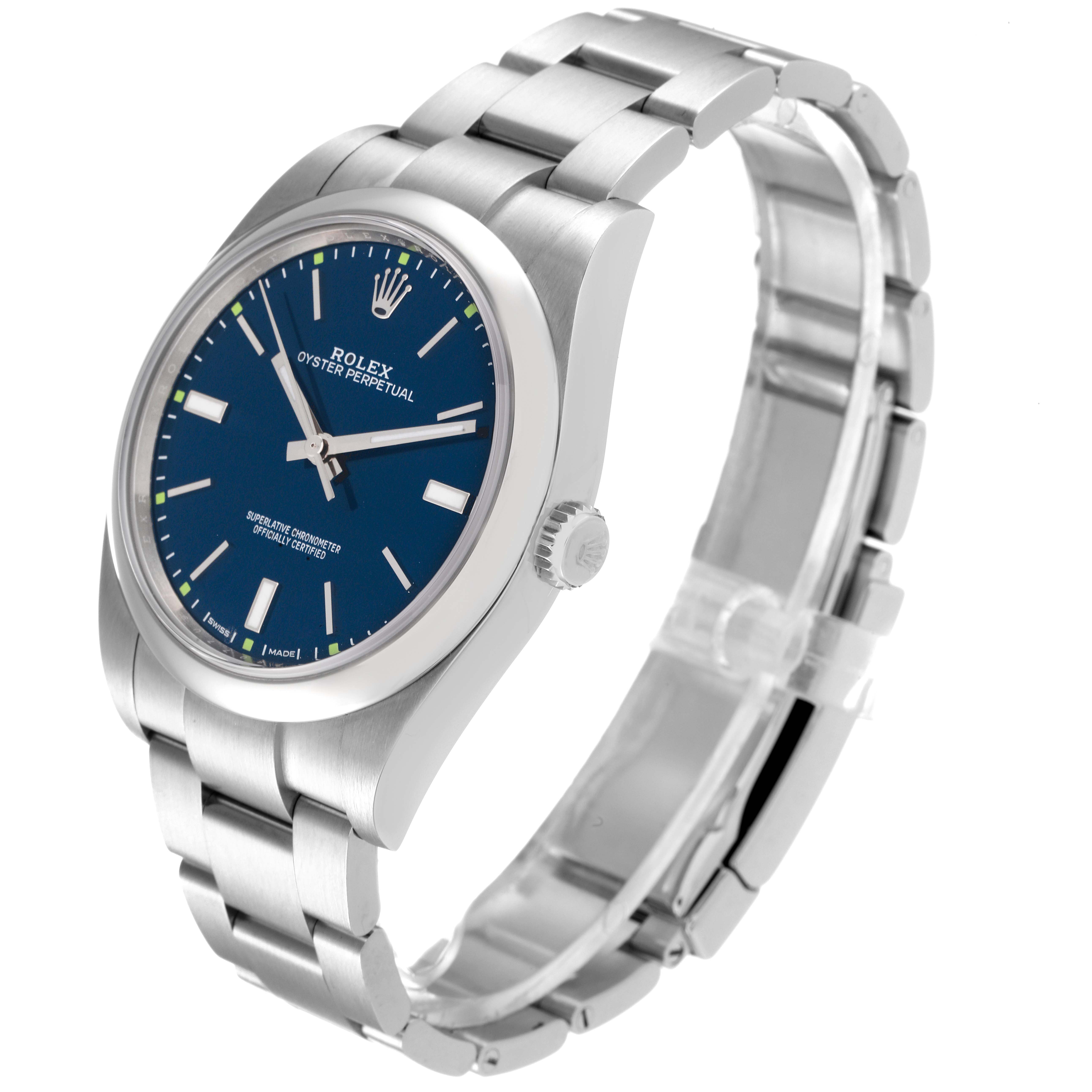 The image shows a side angle view of a Rolex Oyster Perpetual 114300 Men
s Stainless Steel Blue Dial 114300 Men
s Stainless Steel Blue Dial watch highlighting the blue dial, stainless steel case, and bracelet.