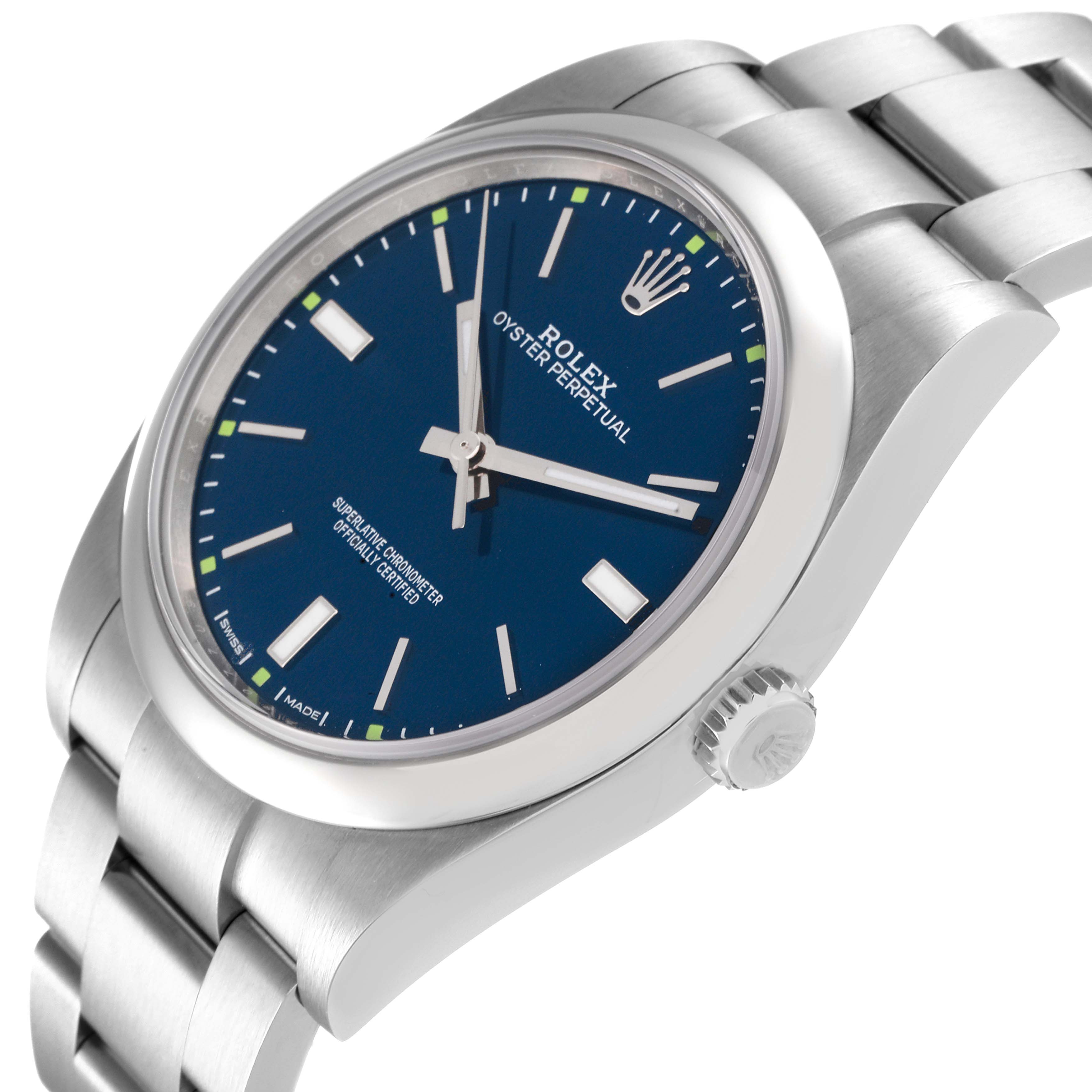 The Rolex Oyster Perpetual 114300 Men
s Stainless Steel Blue Dial 114300 Men
s Stainless Steel Blue Dial watch is shown from a slightly angled side view, highlighting the dial, bezel, crown, and bracelet.