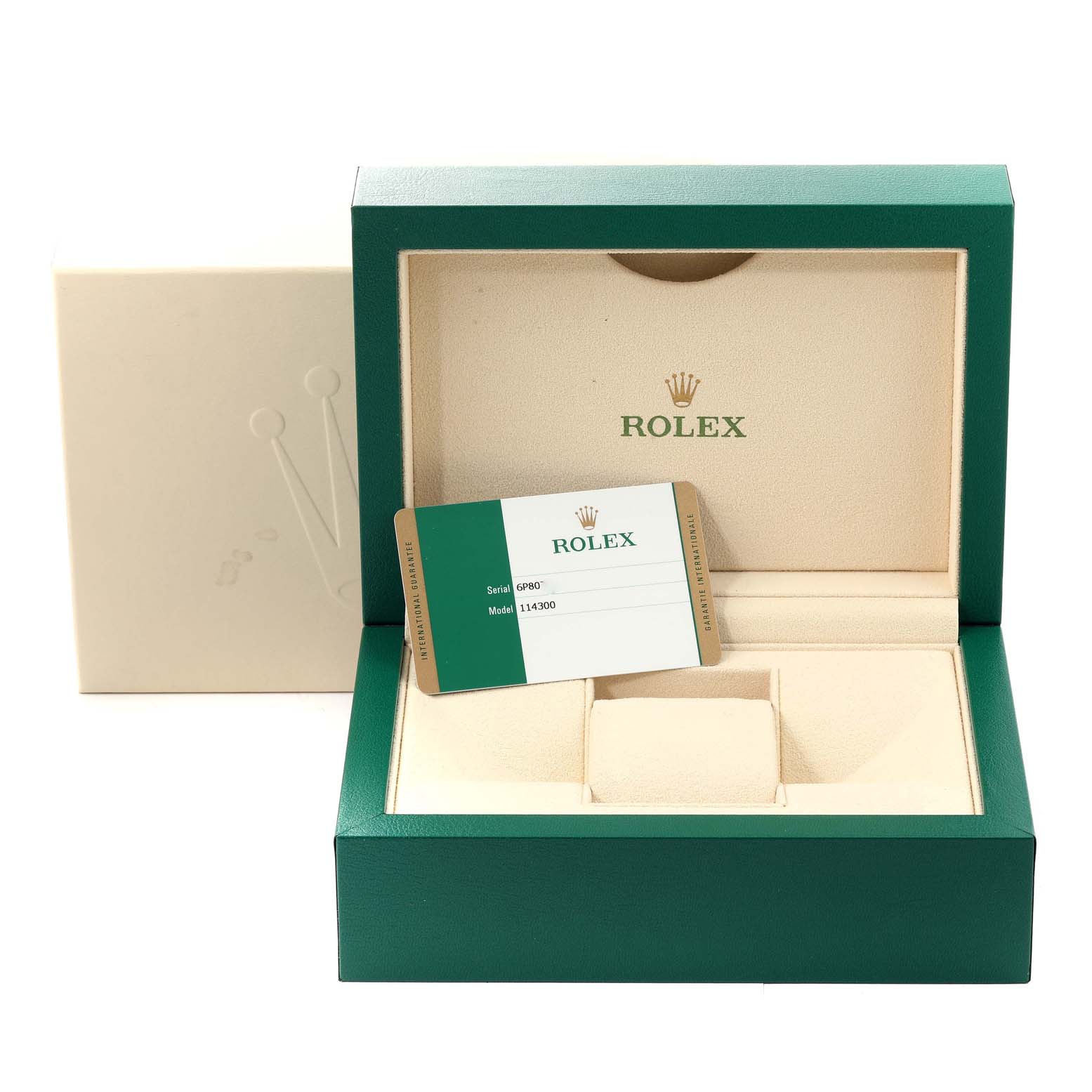 The image shows a Rolex Oyster Perpetual 114300 Men
s Stainless Steel Blue Dial 114300 Men
s Stainless Steel Blue Dial model box and warranty card.